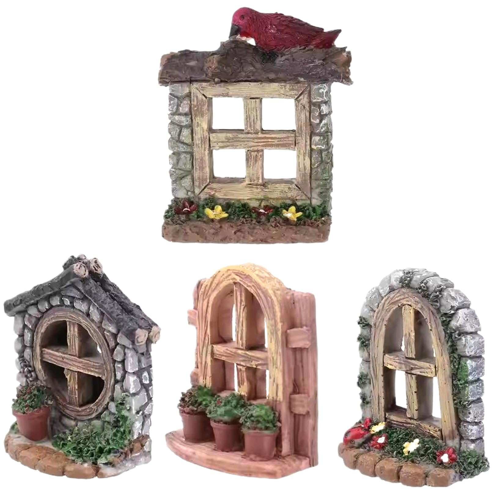 Xdyyjrasa Miniature Window Fairy Garden Windows Resin 4Pcs – Fairy Garden Accessories Landscape Yard Art Patio Sculpture Fish Tank Decoration