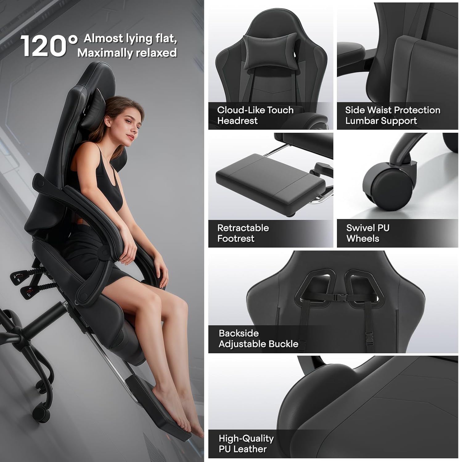 Athena Collection Gaming Chair, Ergonomic Gaming Chair with Footrest & Headrest Lumbar Support, Height Adjustable Swivel Computer Chair Office Chair Adults(Carbon Fiber Black) - Image 3