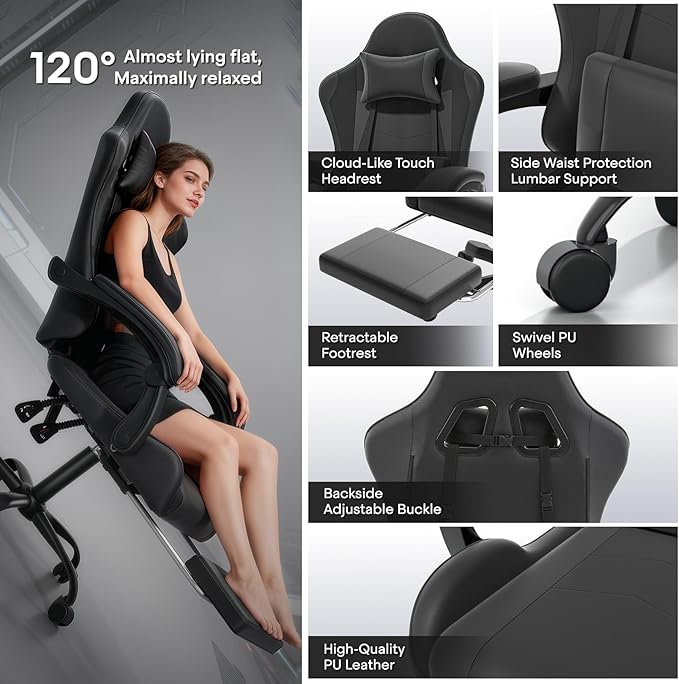 Silla Gamer Ergonómica Con Reposapiés y Reposacabezas Negro miniatura 3