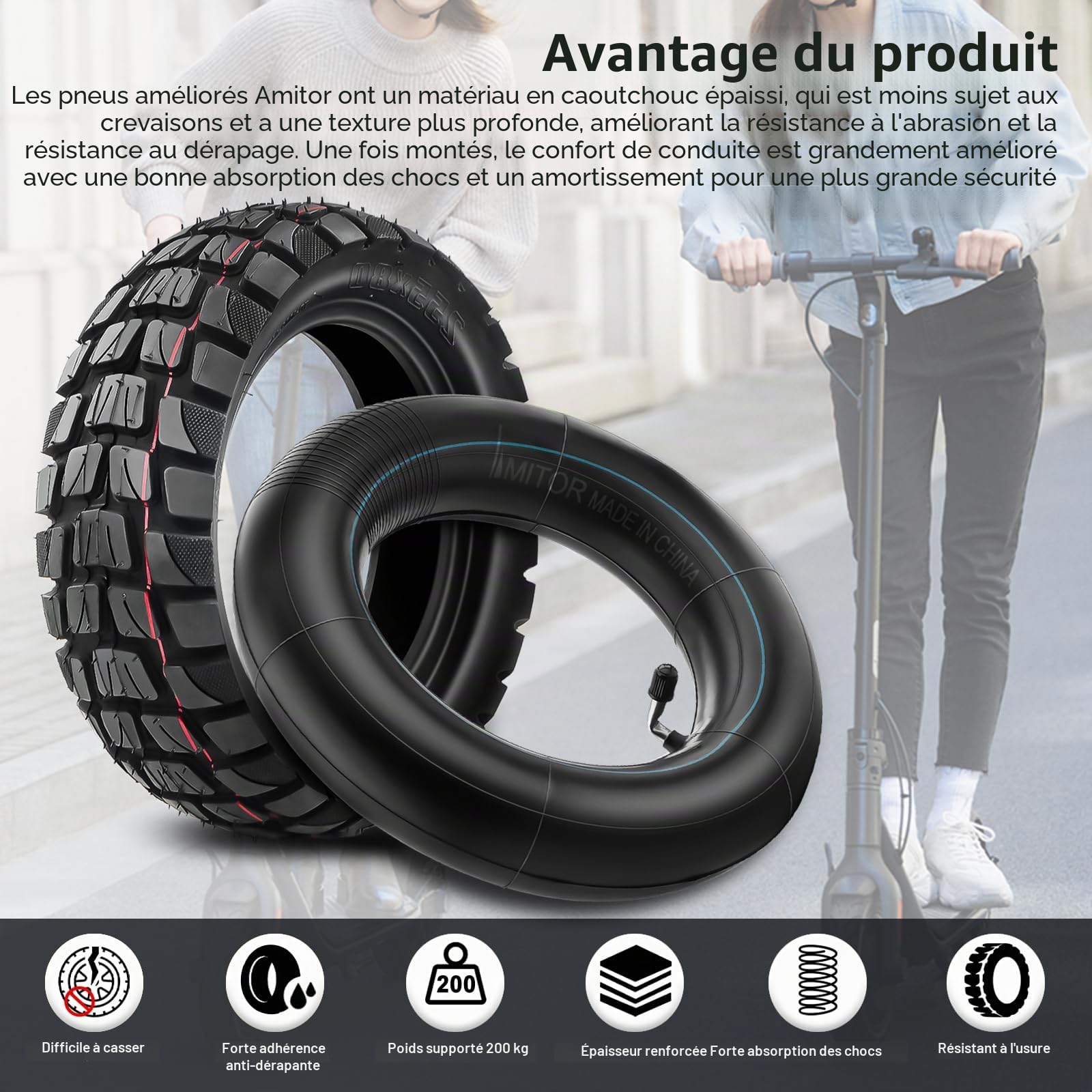 10 Pouce Pneu et Chambre a Air Trotinette Electrique Set, 255x80 Off-Road Pneus de Rechange Antidérapant et Antiusure, Chambre à Air 10x3 en Caoutchouc Butyle Epaissi Très Elastique