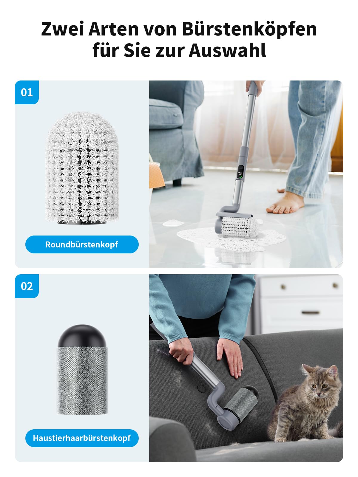 Cepillo de limpieza eléctrico 2 en 1, cepillo de limpieza eléctrico ajustable con pantalla digital, se utiliza para baños, alfombras, mascotas, cocinas y coches