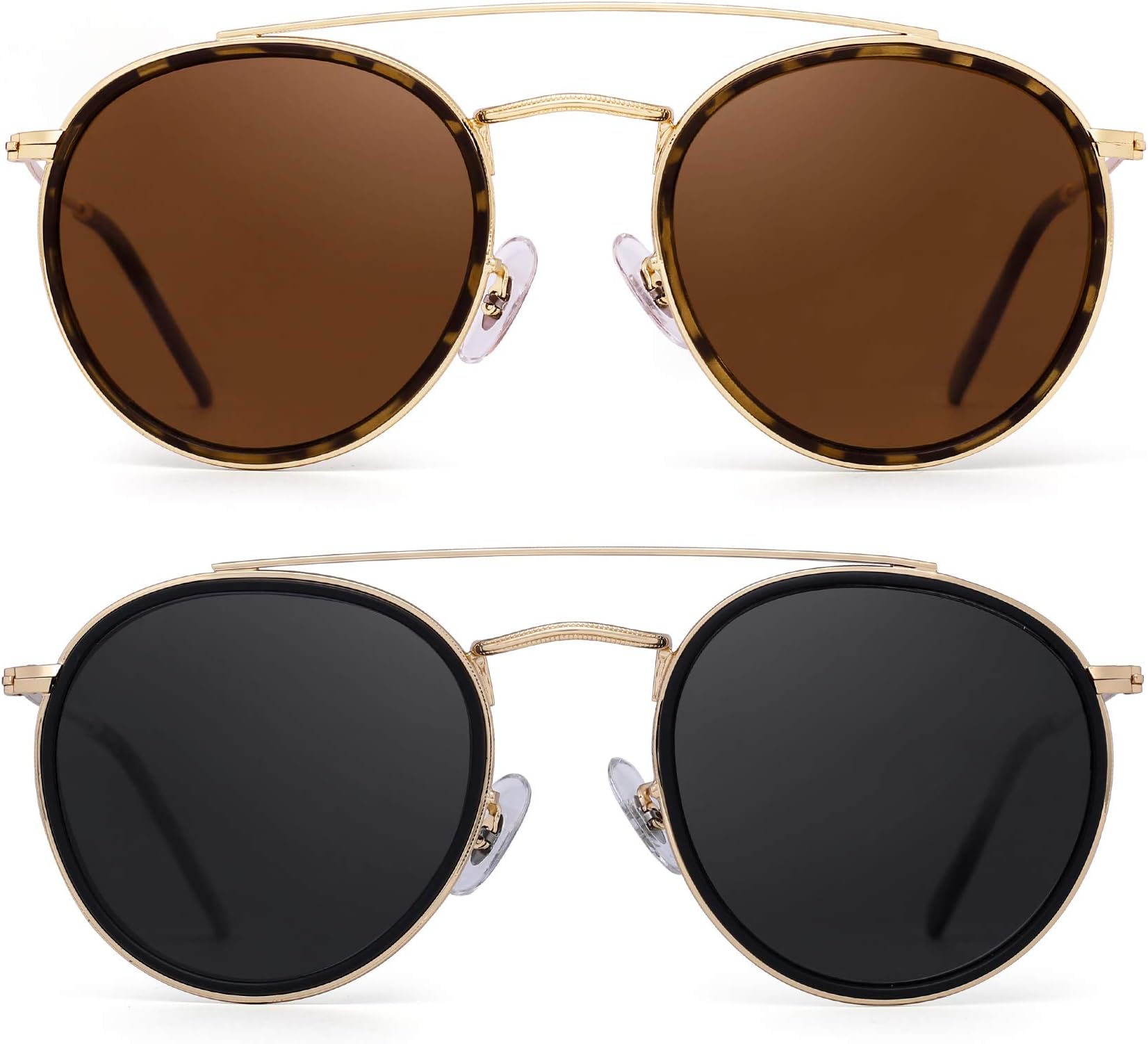 JIM HALO Small Polarized Round Sunglasses for Women Vintage Double Bridge Frame