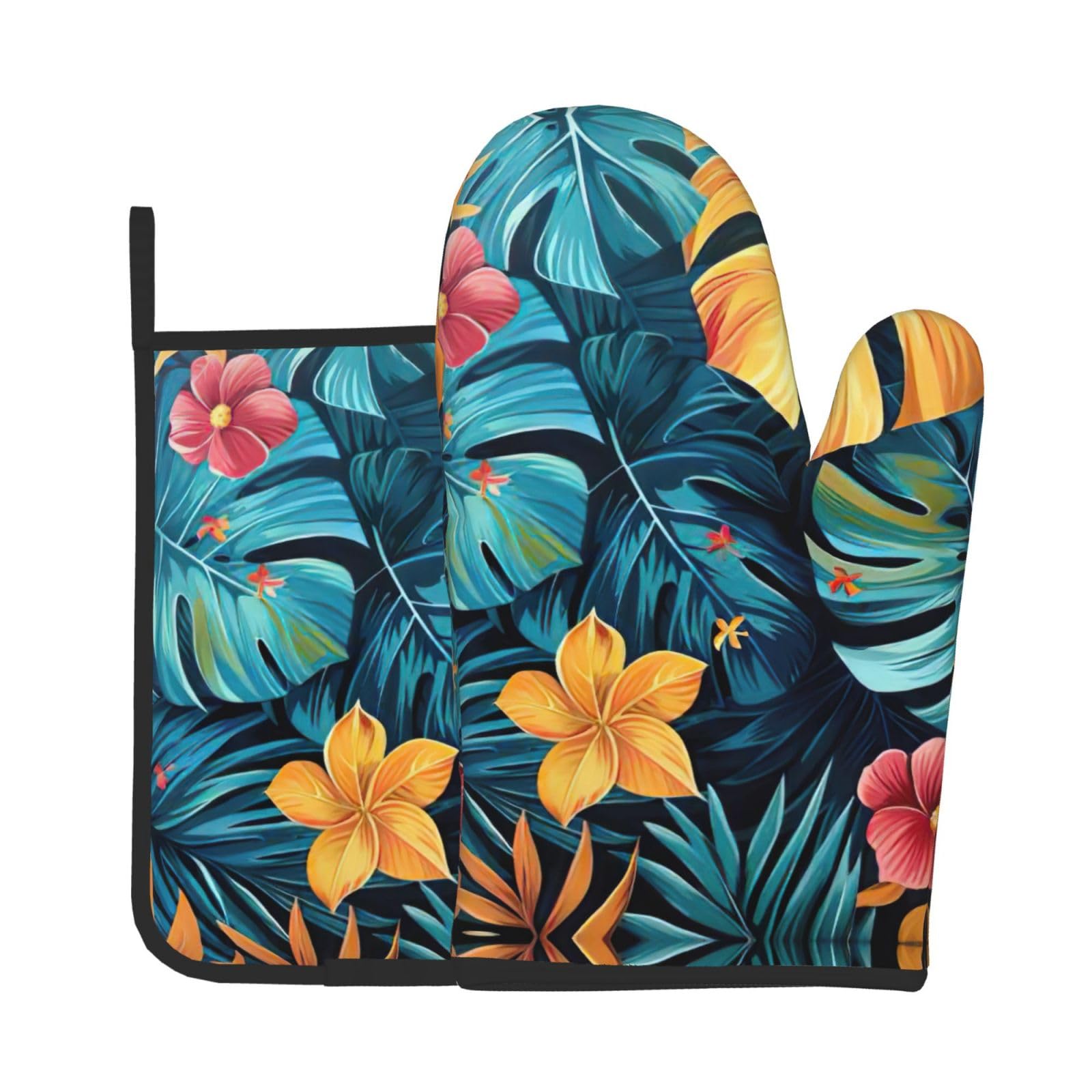 Hojas Tropicales Y Flores Kitchen Baking Two-Piece Set,Multipurpose Oven Gloves,Used for Barbecue Kitchen Baking
