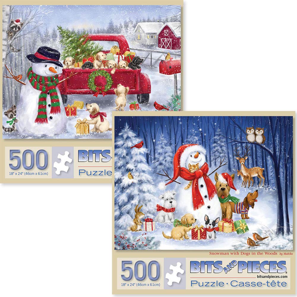 Bits and PiecesValue Set of Two (2) 500 Piece Jigsaw Puzzles for Adults - Each Puzzle Measures 16" x 20" - Winter Holiday Snowman Jigsaws by Artist Makiko
