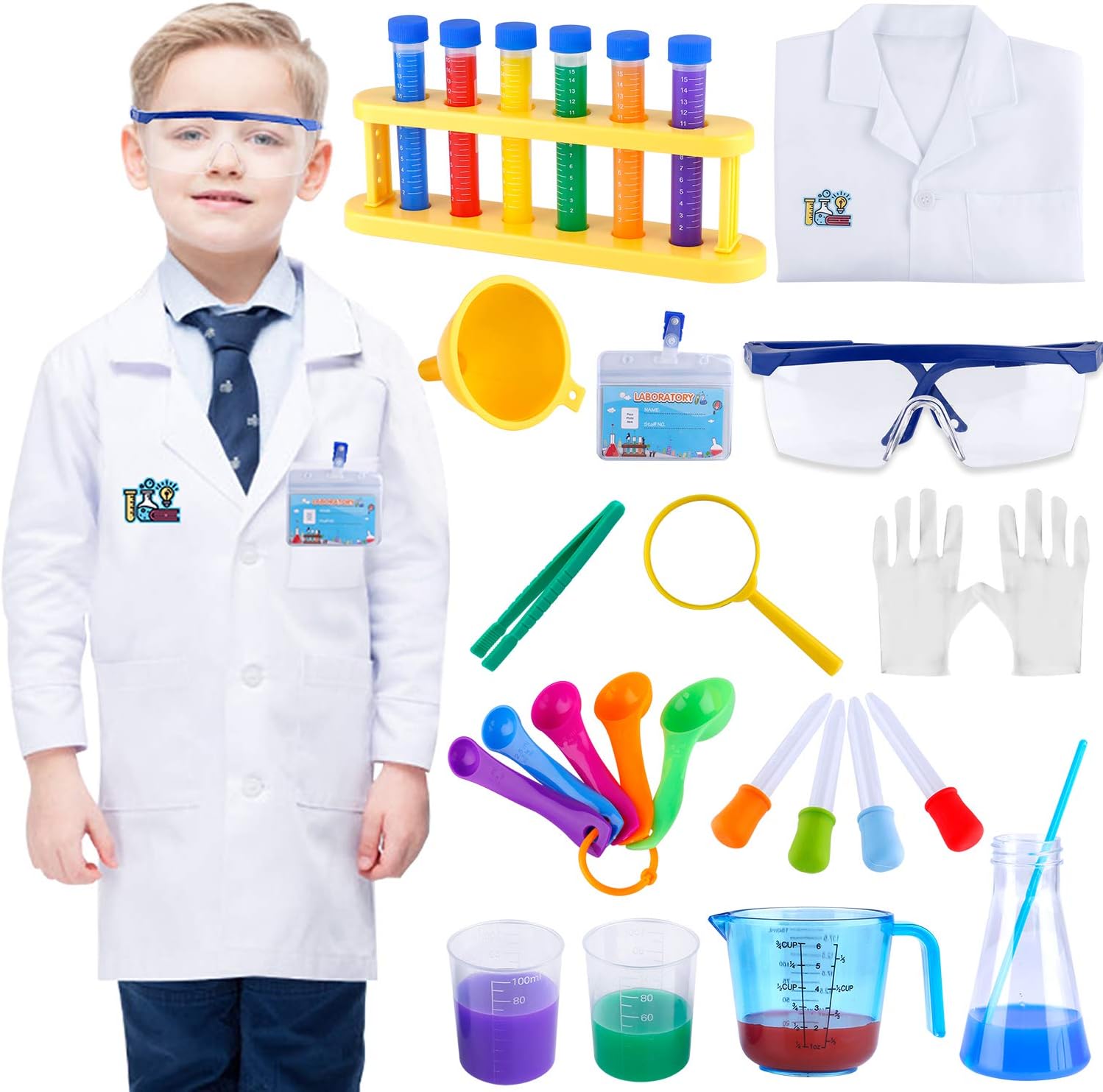 Kids Science Experiment Kit with Lab Coat Scientist Costume Dress Up and Role Play Toys Gift for Boys Girls Kids Age 6+ Christmas Birthday Party