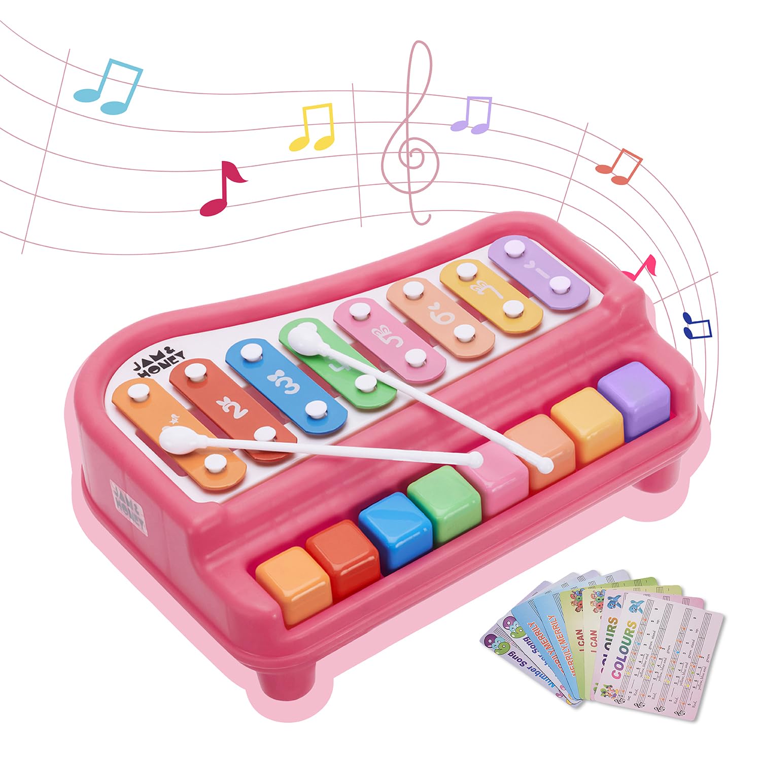 Amazon Brand - Jam & Honey Xylophone/Piano for Babies | 2 Sticks | 8 Multi-Colored Keys | Battery-Free | Musical Toy | Birthday Gift for Girls & Boys | Interactive Learning | Portable | Red