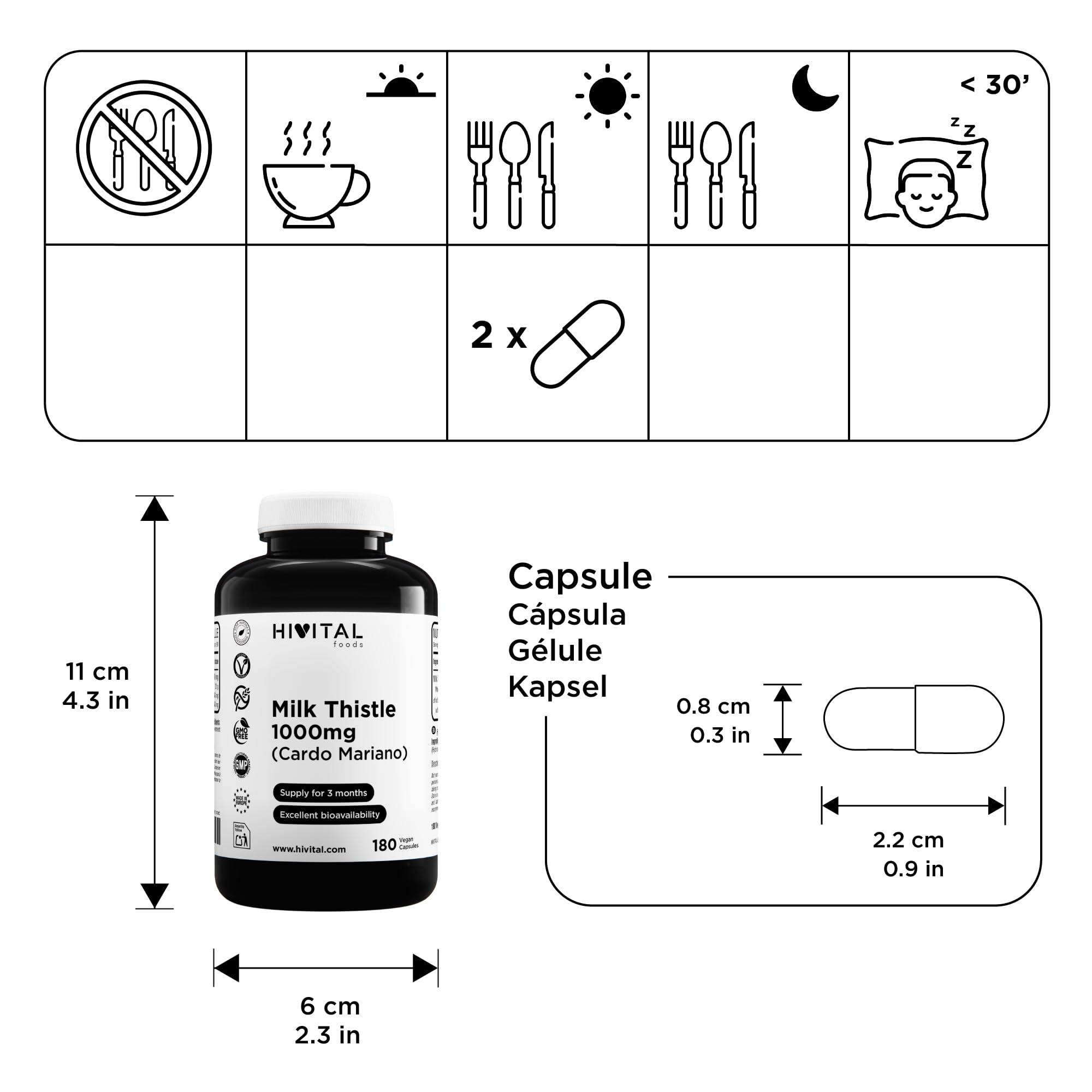 Chardon Marie 1000 mg. 180 gélules vegan pour 6 mois de traitement. Extrait concentré 25:1 avec 80% de Silymarine et 30% de Silybine et d'Isosilybine. Fabriqué en Europe par HIVITAL