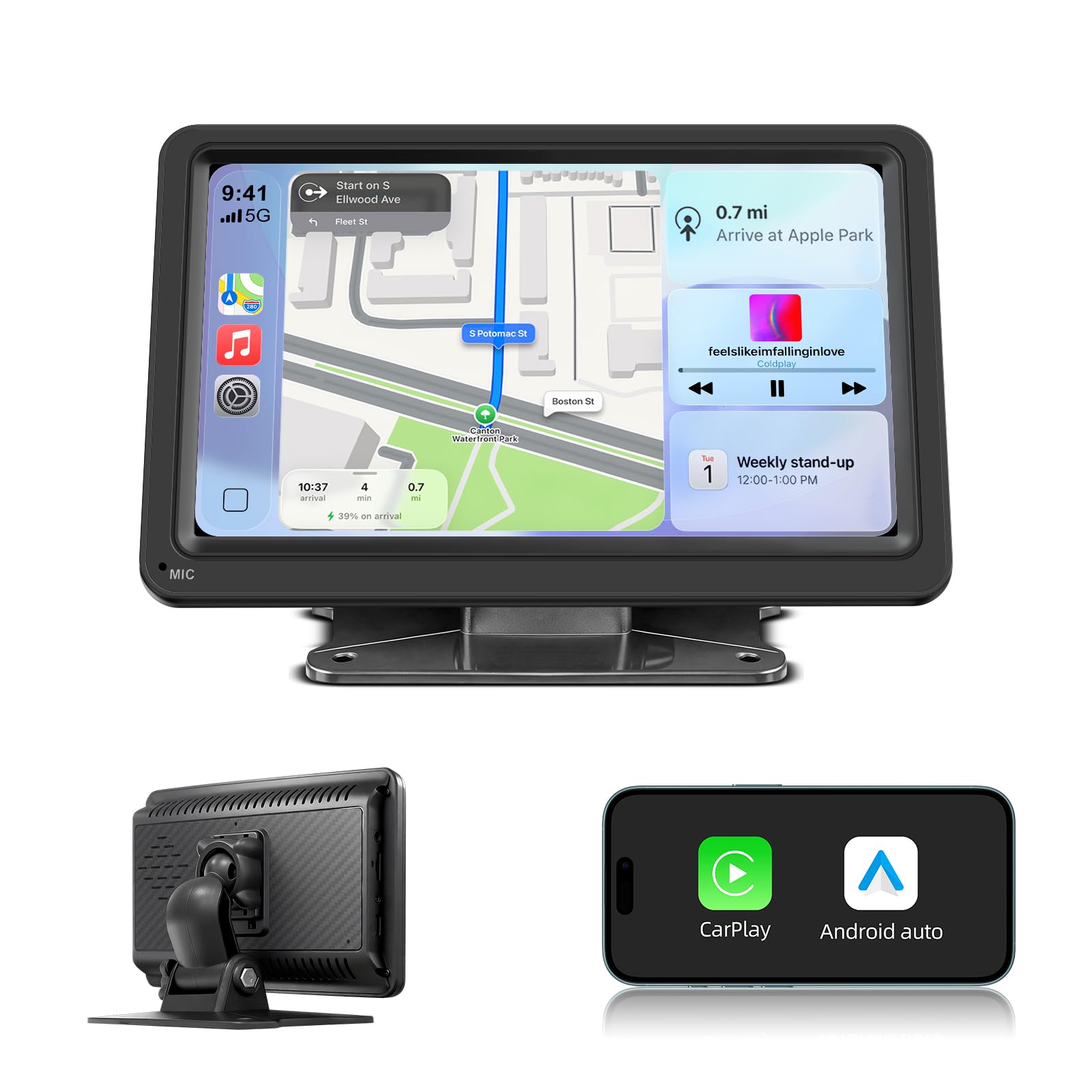 7 Zoll Tragbarer CarPlay Bildschirm mit Wireless Android Auto IPS Display | Mirror Link Tag-Nacht-Modus Bluetooth FM Transmitter AUX Eingang 12-24V Fahrzeuge und kompaktes Design für einfache Montage