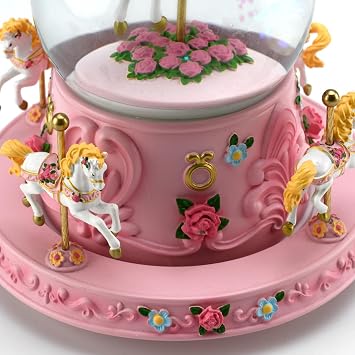 Stunningly Beautiful Animated Pink Roses and Carousel Horse Musical Snow Globe-Many Songs to Choose-Sleeping Beauty Waltz