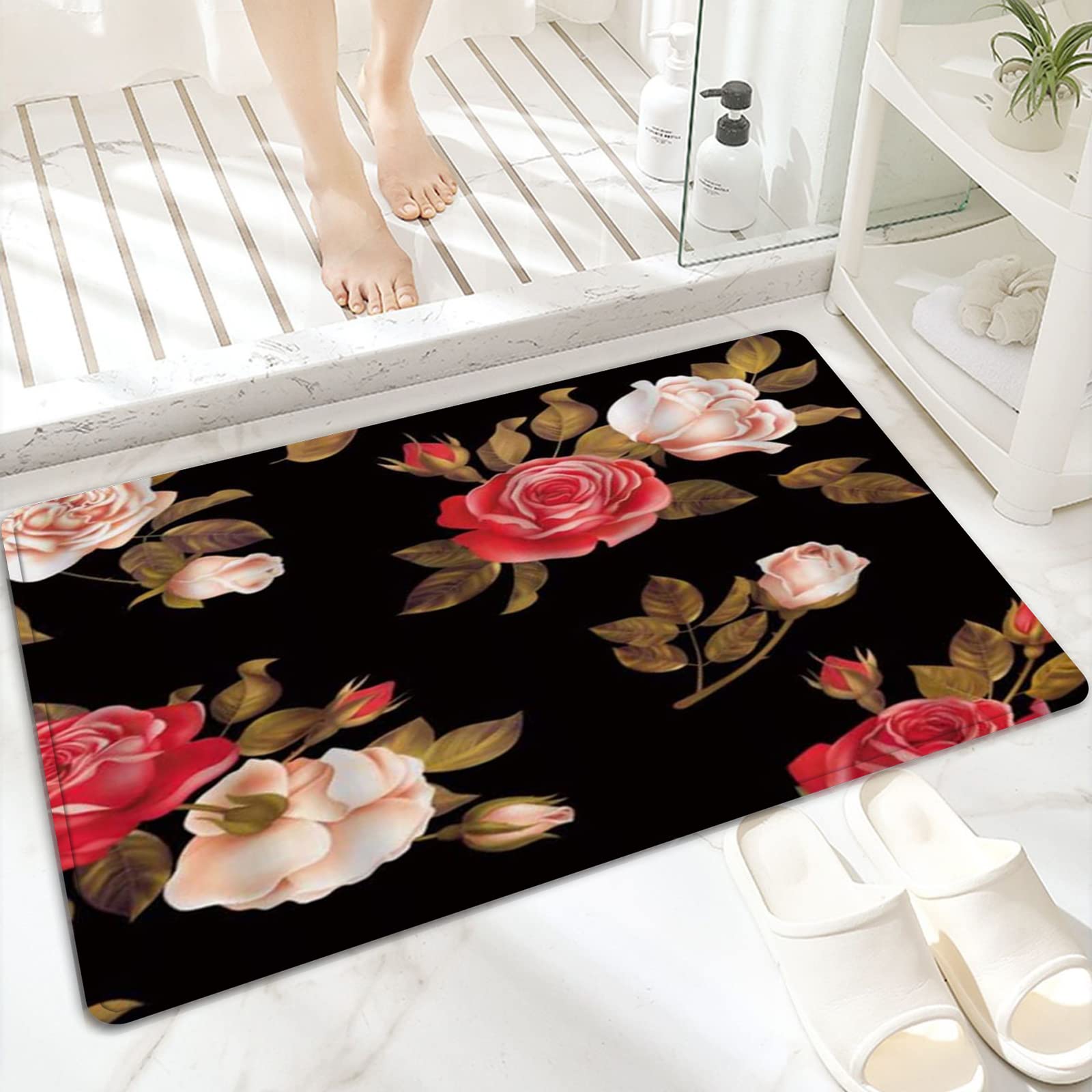 Tappeto da Bagno in Microfibra, Tappetino da Bagno Antiscivolo,Fiori rosa retrò lascia fiori ad acquerello,Morbido, Facile da Pulire, Molto Assorbente per Bagno, Camera da letto, Interni 60x100 cm