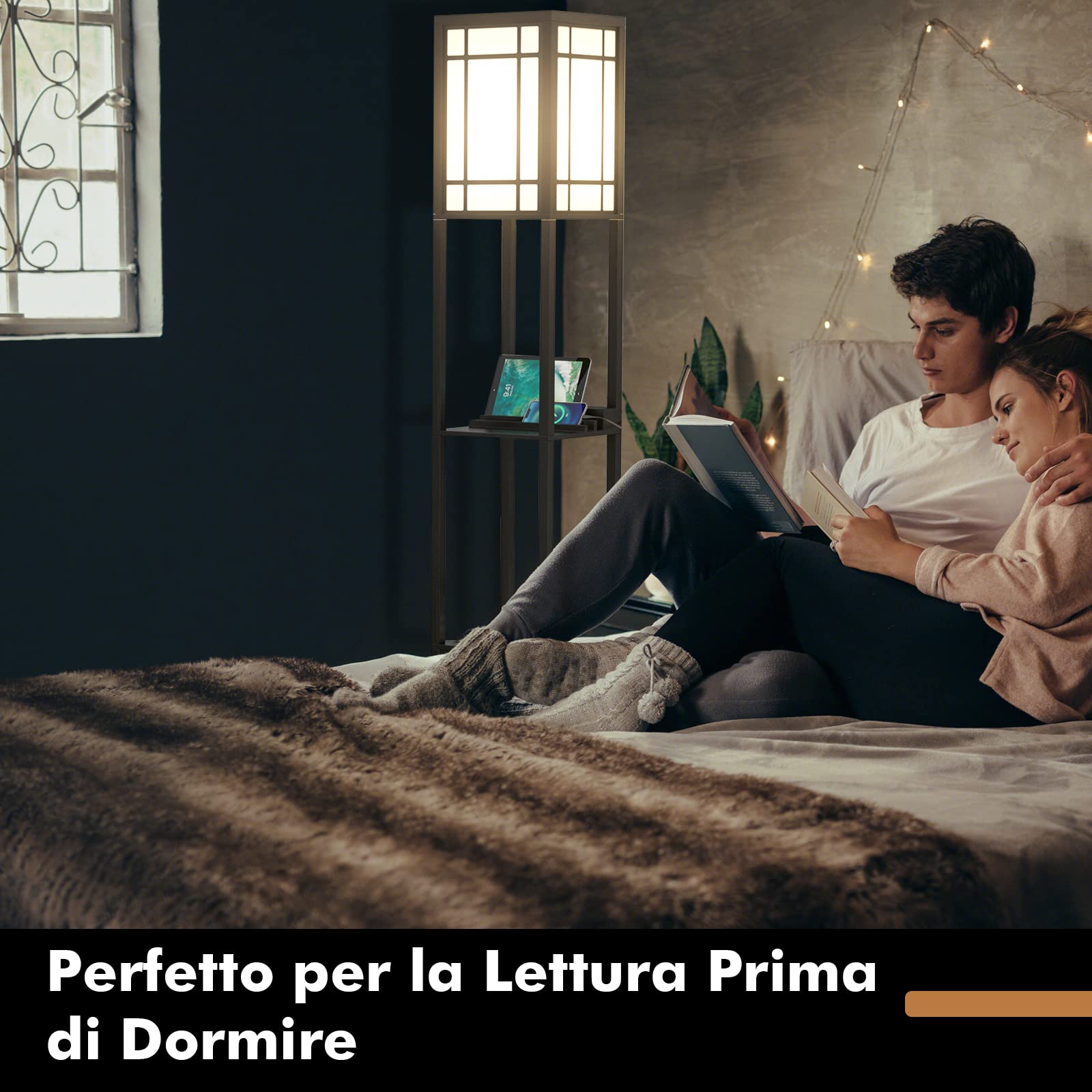 GYMAX Lampada da Terra a Mensola, con 3 Ripiani, Porte di Ricarica USB e 1 Cassetto, per Soggiorno, Camera da Letto, Design Vintage e Moderno, Nero (Stile 1)