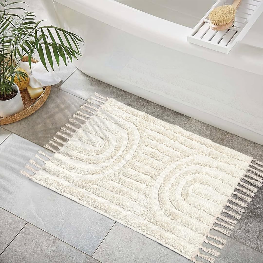 Chardin home Rainbow Bath Rug - 2x3 Ft, 24x36 Inch, Washable Cotton Rug with Tassels, Non-Slip Sun Cute Bath Mat for Boho Bathroom Decor, Cream Bathroom Rug, Also Great for Kids Rooms, Nurseries
