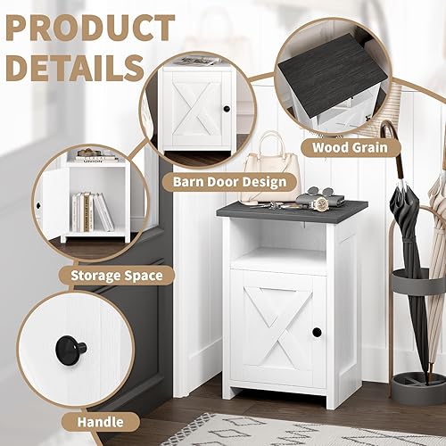 Miniatura 6 de Juego de 2 mesas auxiliares de granja, mesitas de noche con puerta de granero y estante de almacenamiento, mesa auxiliar de cama blanca rústica para