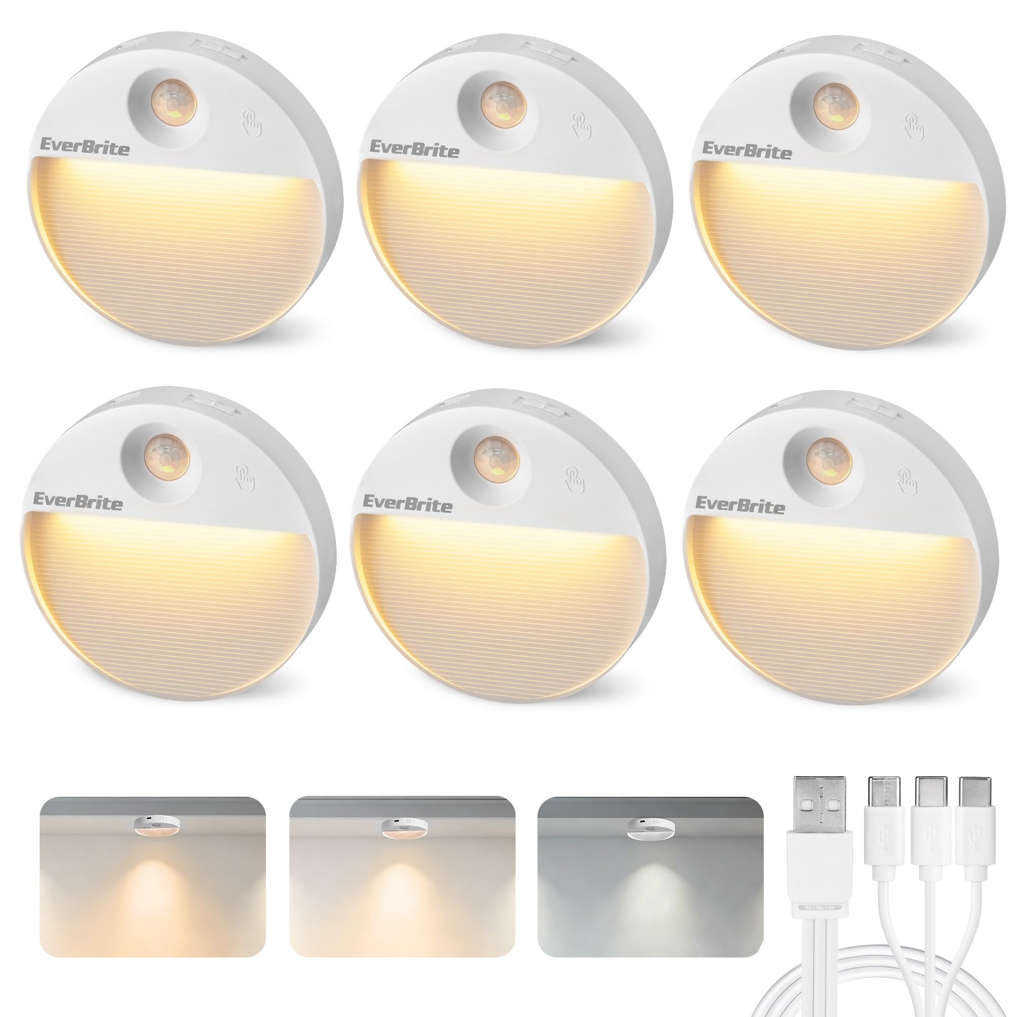 EverBrite Rechargeable Round Motion Sensor LED Night Light Motion Activated LED Night Light with 3 Lighting Modes Touch