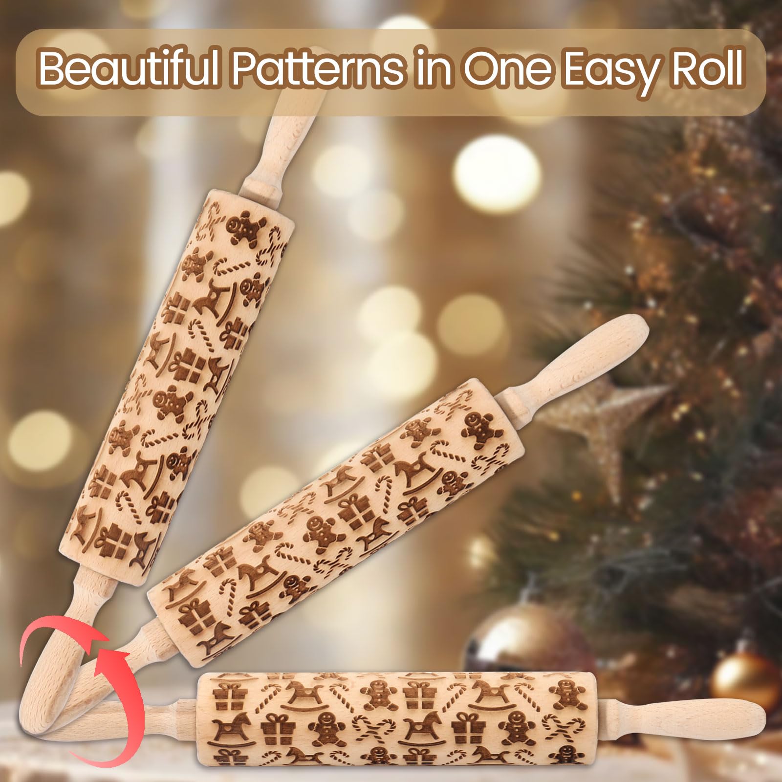 Christmas Embossed Rolling Pin for Baking Cookies Embossing Rolling Pins with Design Wooden Engraved Springerle Roller Pin Dough Patterned Clay Pottery Ceramic Bakers Women Kids (Gingerbread Man)