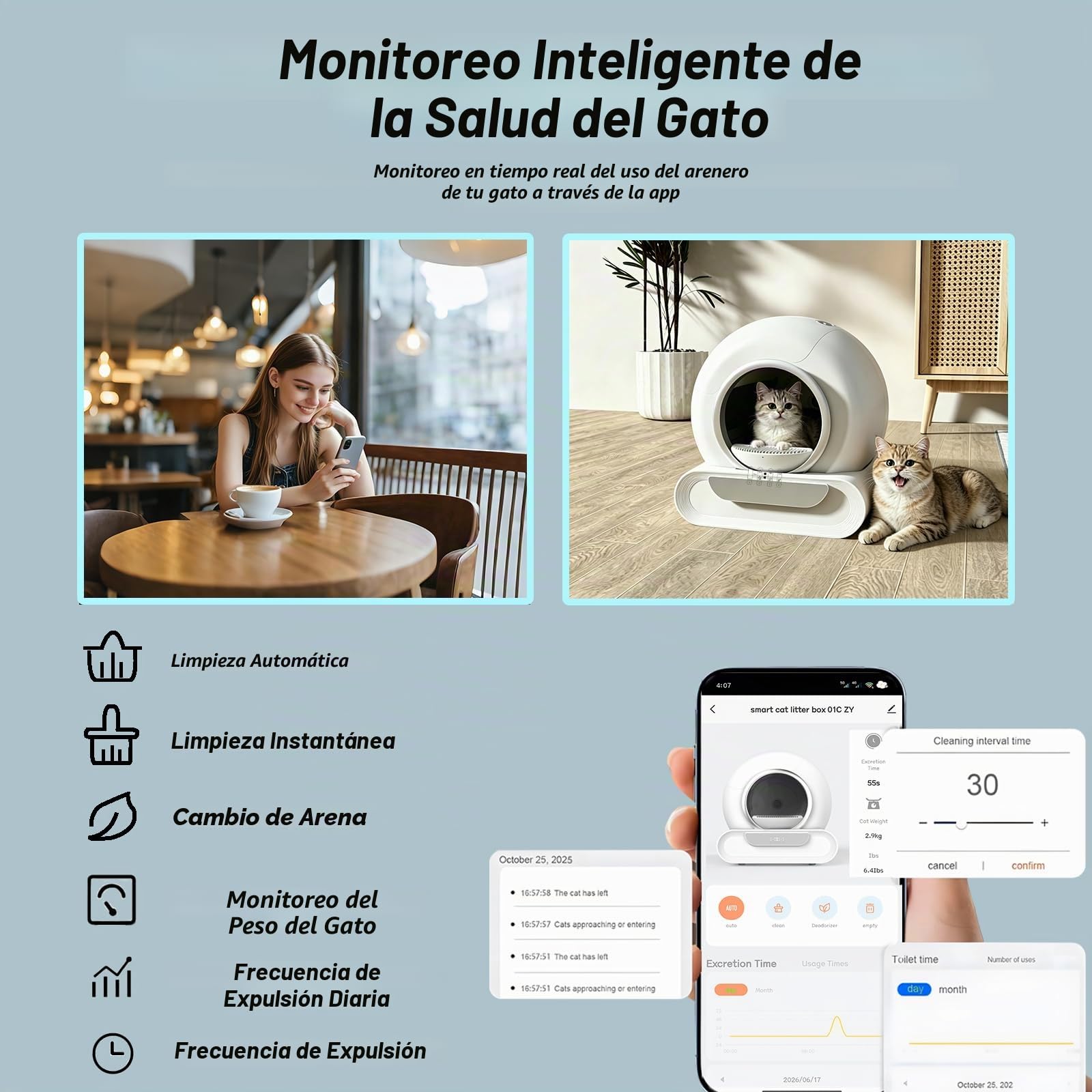 Arenero Automatico 74 L con Sistema Seguridad Avanzado | Desodorizante, Controlado por Aplicación con Alfombra Arenero Gato 6 Rollos Bolsas Basura, 2 Filtros para Varios Gatos