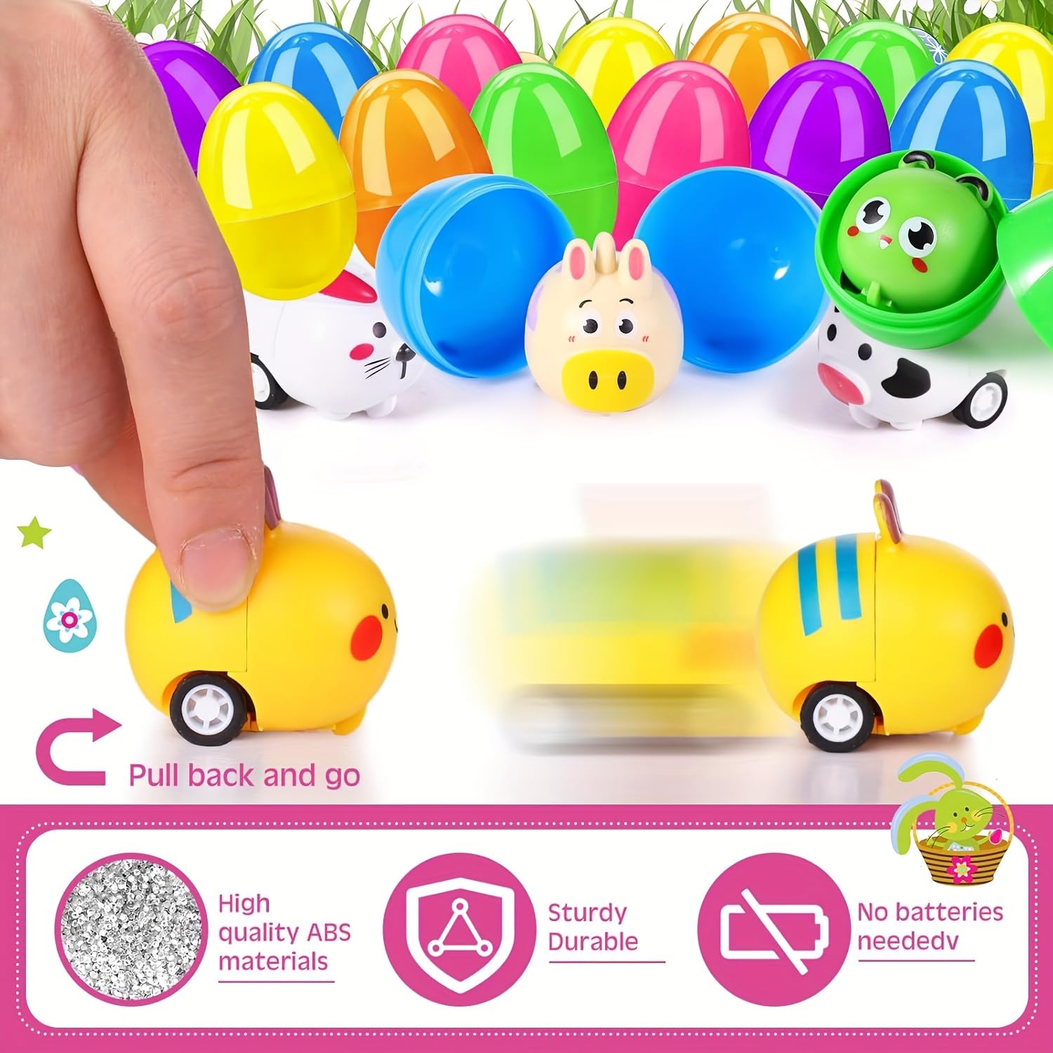 Amyang Easter Eggs Prefilled with Pull Back Cars, 12 Pack, Mini Vehicles Car Toys, Easter Party Favours, Basket Stuffers - Image 3