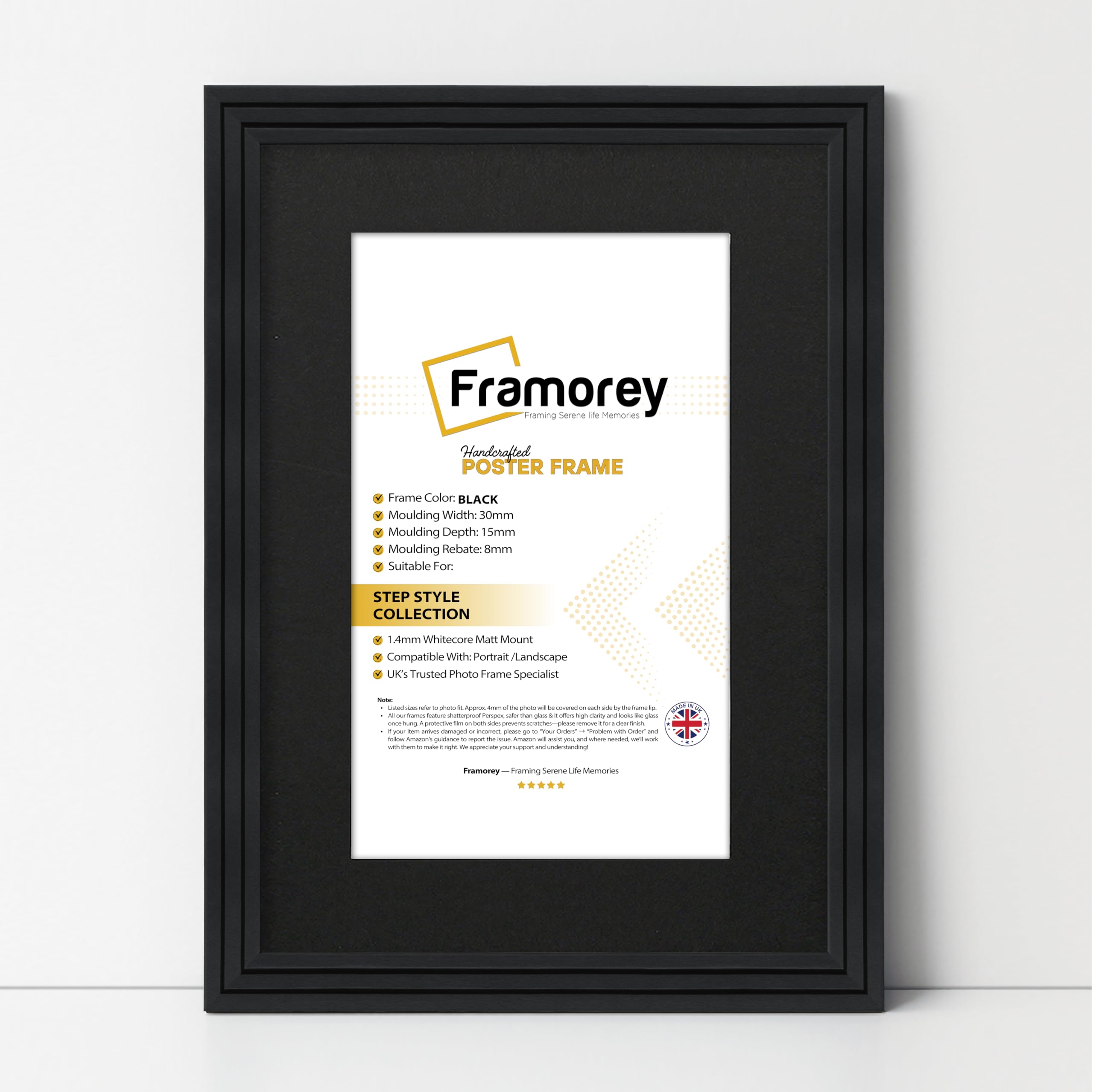 Framorey Framing Serene Life Memories Black With Black Framorey Oxford Step Style Wooden Effect Picture Frame, 18X15" Size Black Photo Frame With 14X11" Size Black Mount, Casual Wall Art Poster Frames, Photo Print Frames