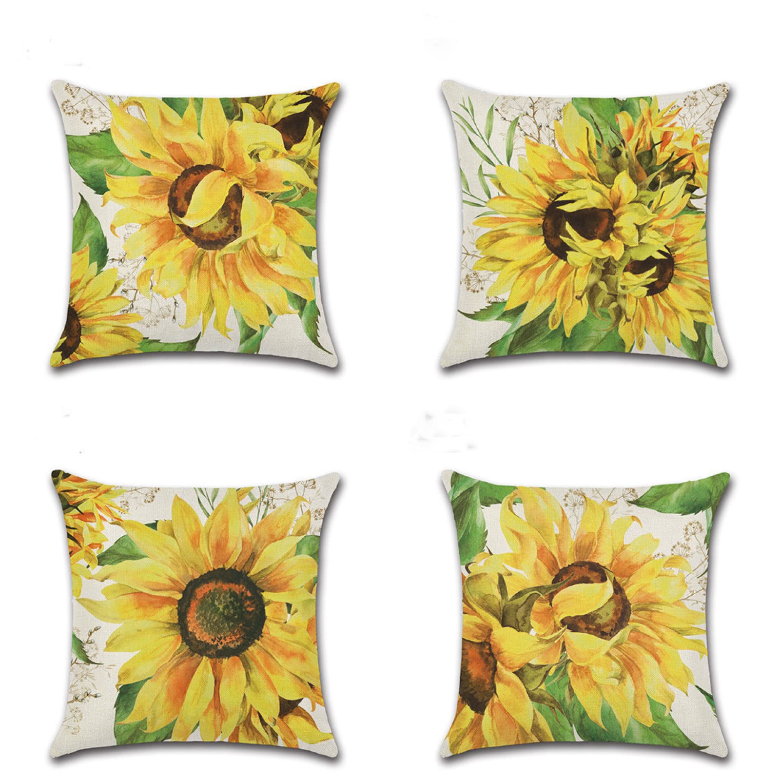 Housse coussin 65x65 cm lavable en lin avec motif tournesol double face