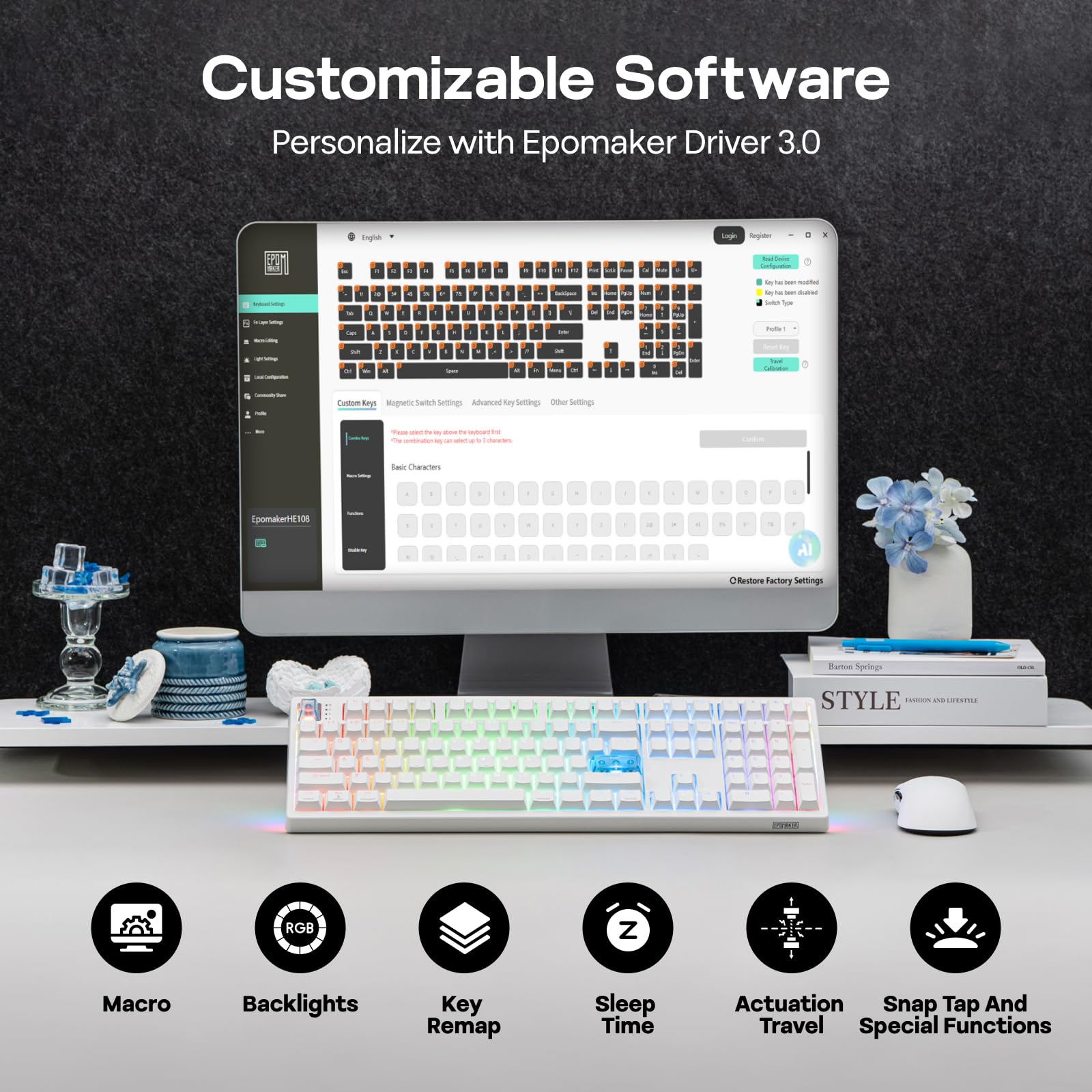 EPOMAKER HE108 Teclado para Juegos de Efecto Hall, 8K de Sondeo y 128K de Escaneo, 10000mAh&2.4GHz/BT, Hot Swap, Tamaño Completo, Actuación Ajustable, Disparo Rápido, RGB, Gasket, Teclas PBT (Blanco)