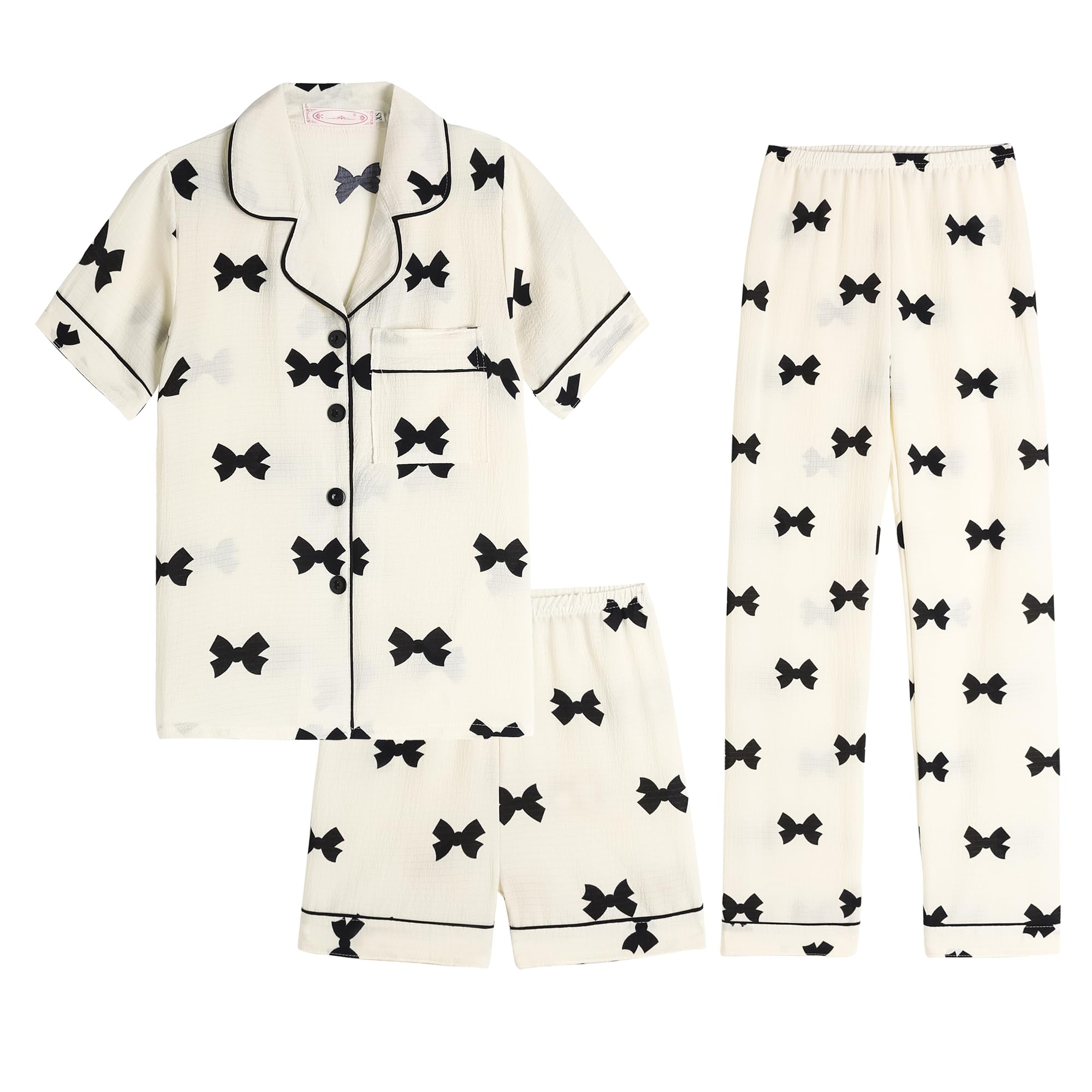Hupohoi Big Girls Button Down Pajama Set 3pcs Crepe Fabric Sleepwear Nighty