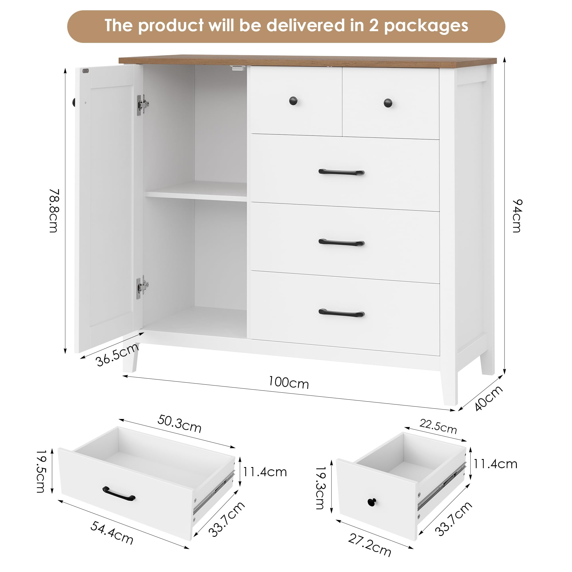 HOCSOK Credenza Cucina con 5 Cassetti e 1 Porta, Mobile Ingresso in Legno | Ripiano Regolabile, Madia Soggiorno Moderna con Piano, 108 x 82,5 x 39 cm, per Soggiorno, Cucina e Ingresso, Bianco e Marrone