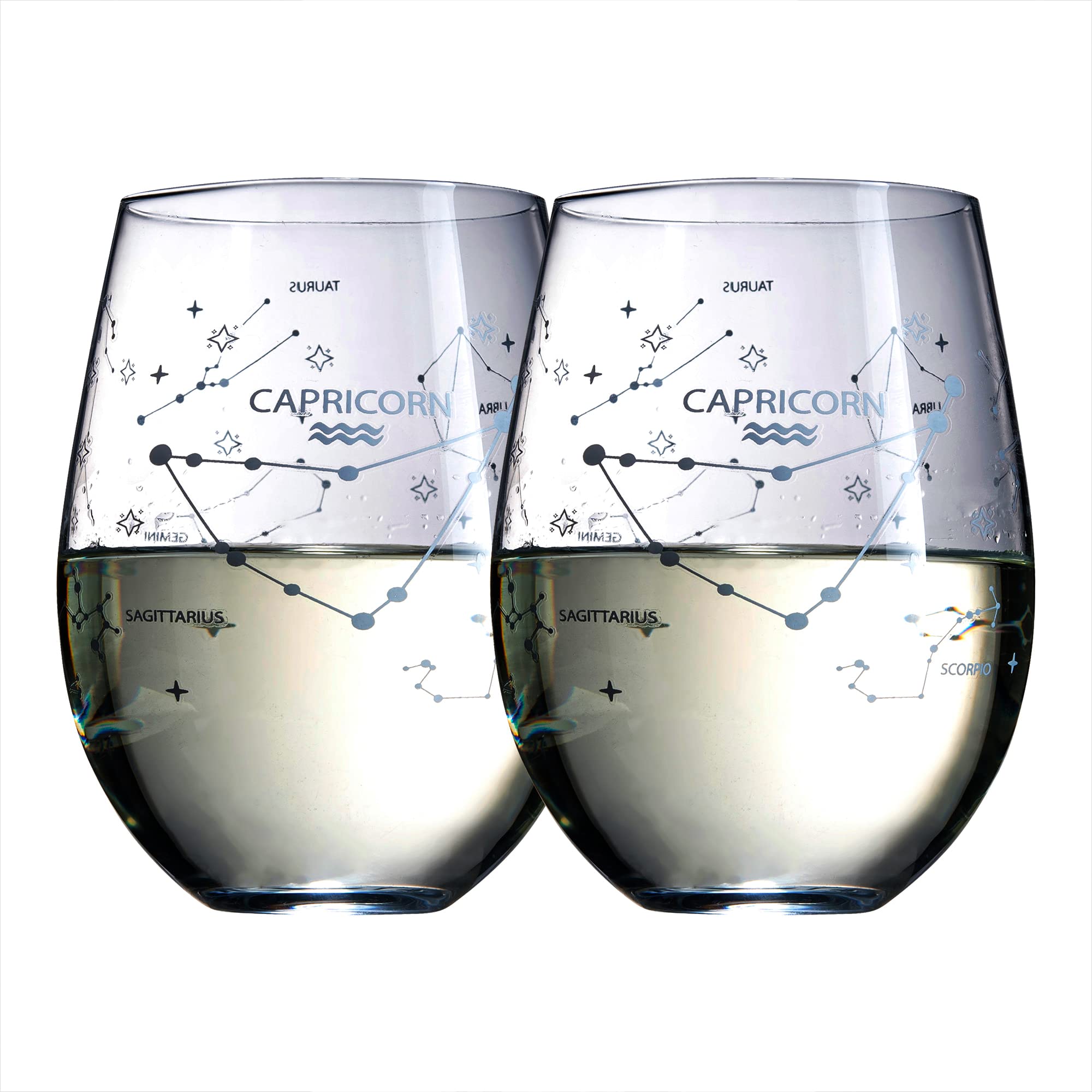 The Wine Savant Set of 2 Zodiac Sign Wine Glasses with 2 Wooden