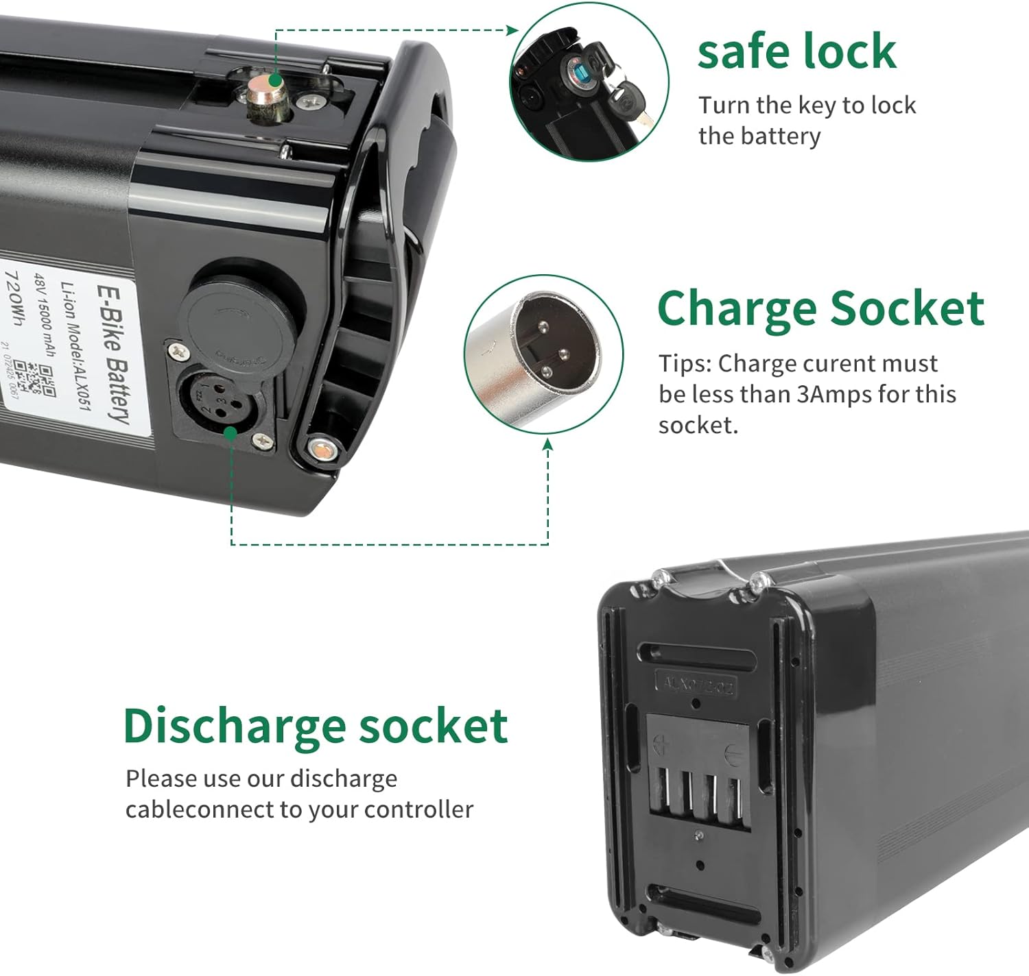Close-up view of the GESHENG ebike battery showing the safe lock, charge socket, and discharge socket