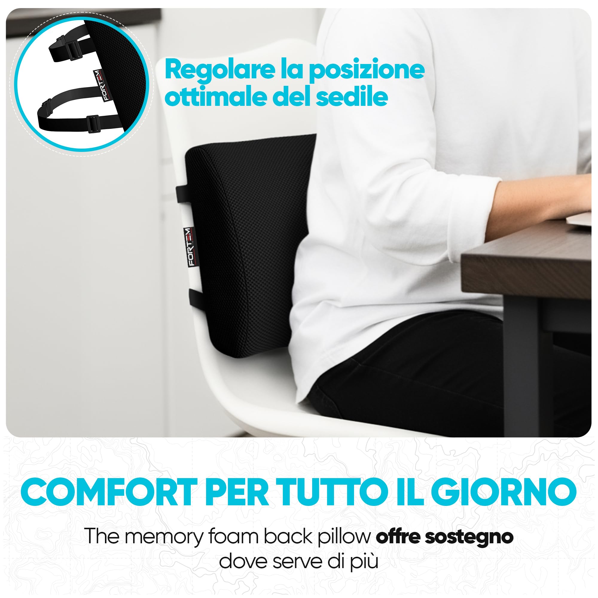 FORTEM Cuscino Lombare Sedia Ufficio, Supporto Lombare Auto, Cuscino Schiena, Schienale Sedia Ufficio Ergonomico in Memory Foam, Fodera Traspirante e Lavabile, Cinghia Regolabile, per Gaming e Lavoro