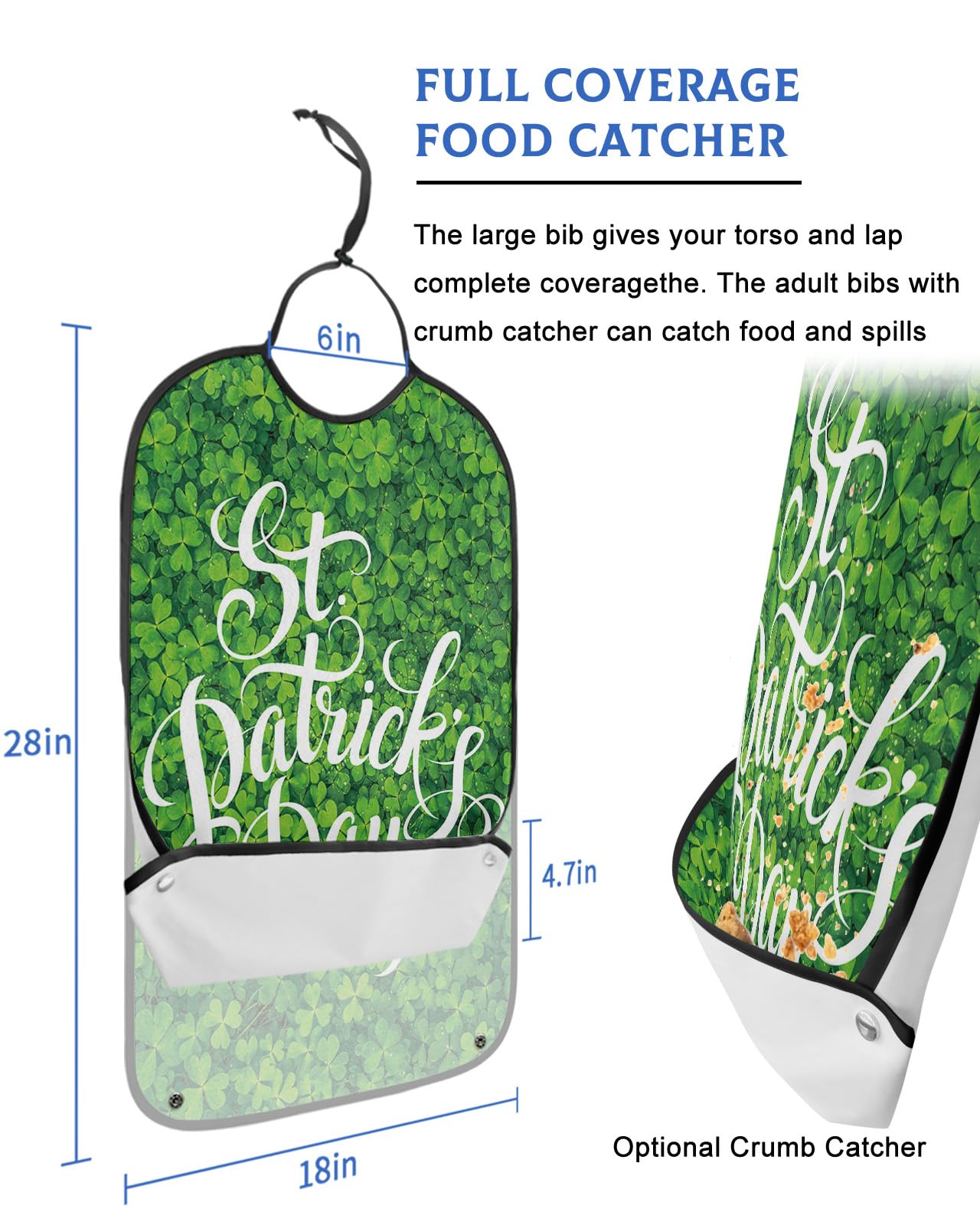 St. Patrick's Day Adult Bibs for Eating, Waterproof Bibs with Food Catcher & Adjustable Snap Closure, Lucky Green Clover Happy Saint Patrick's Day Clothing Protectors Adult Bibs for Elderly Women/Men