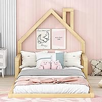 Vista 4 de Harper & Bright Designs Cama de piso de casa tamaño individual para niños con cabecero, listones de madera, no necesita somier, natural