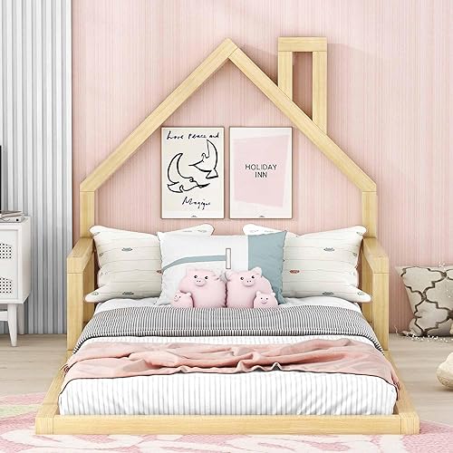 Miniatura 4 de Harper & Bright Designs Cama de piso de casa tamaño individual para niños con cabecero, listones de madera, no necesita somier, natural