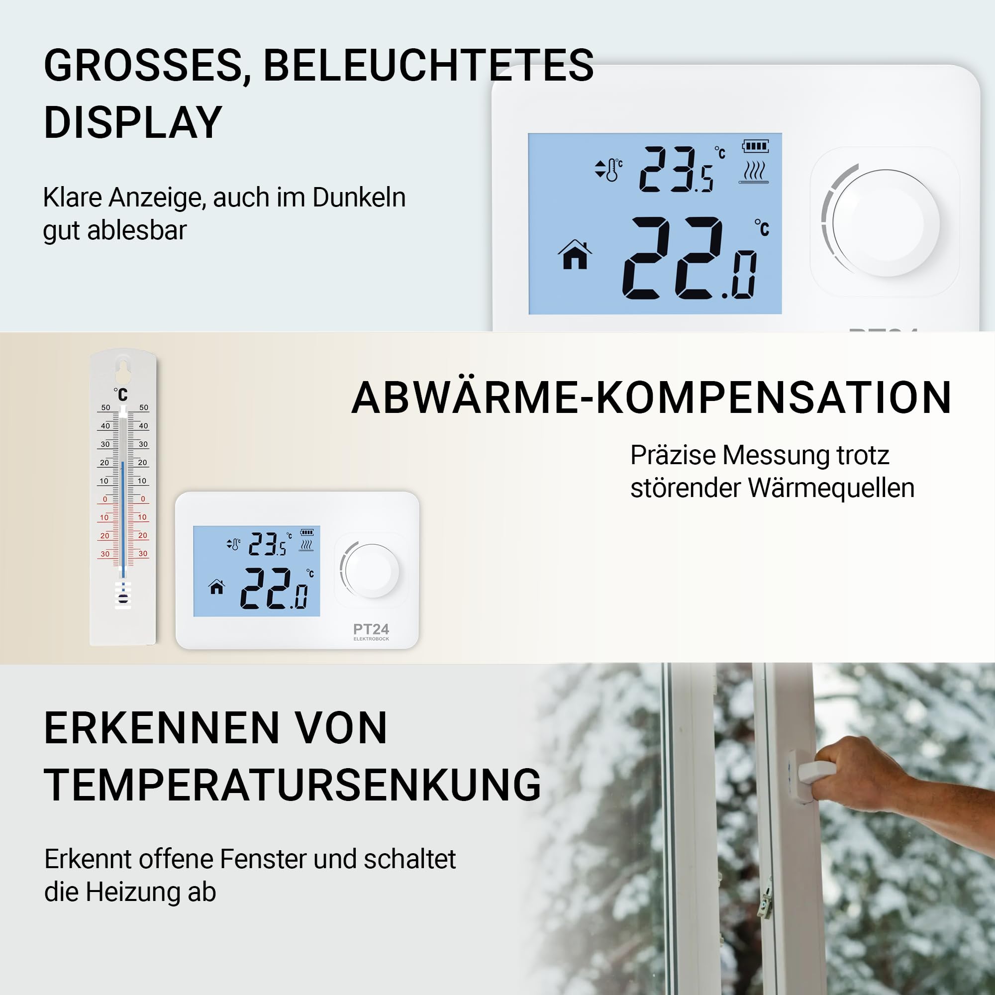 ELEKTROBOCK PT24 Raumthermostat mit LCD Display | Wandthermostat für alle Kesselarten geeignet | Batteriebetrieb (2X AAA) | Keine Programmierung notwendig | Frostschutz & Fenster-offen-Funktion