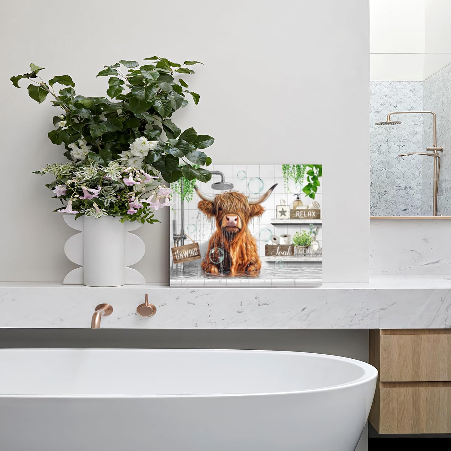 Highland Cow Bathroom Decor Cattle In Shower In Bathtub Picture Canvas Wall Art Farm Cow Quotes Sign Print Painting Pictures For Wall Farmhouse Modern Framed Artwork For Toilet Bathroom Home Decor