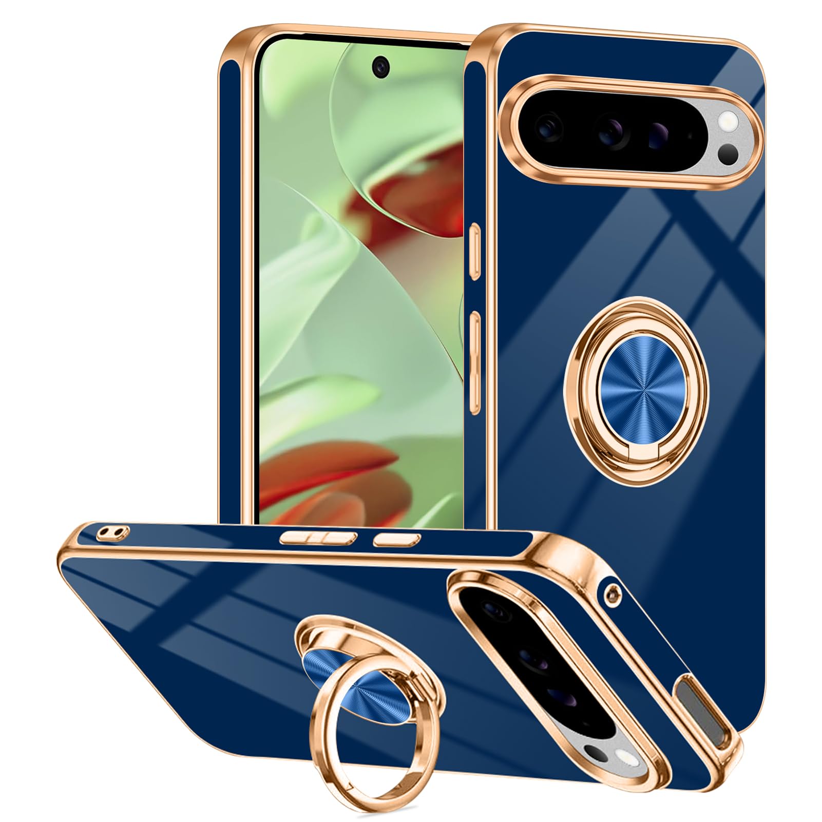 Tnarru Designed for Google Pixel 9/Pixel 9 Pro Case with Ring Stand, Support Magnetic Car Mount Rotating Finger Holder Soft TPU Cover Plating Edge