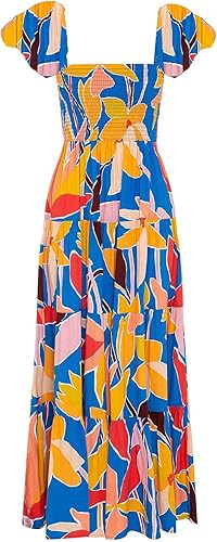 Vista 6 de GOLDSTITCH Vestido largo fruncido para mujer, cuello cuadrado, dobladillo con volantes, manga corta, vestido midi fluido