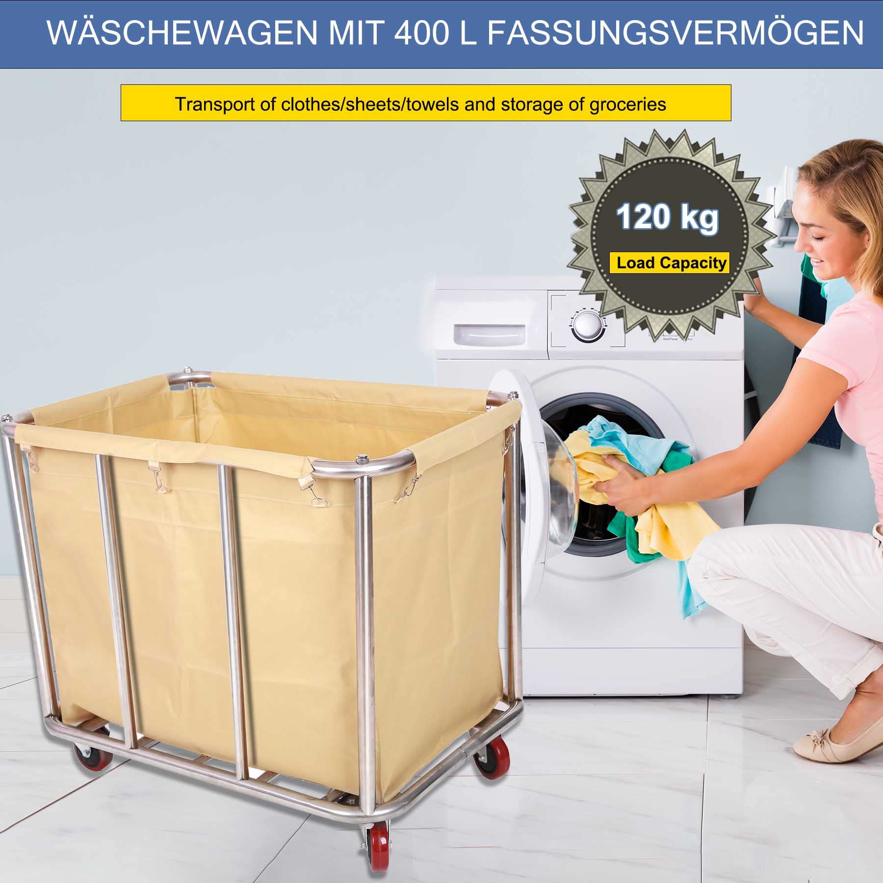 Carrito De Lavandería Plegable Bimiti – Acero Inoxidable, Ruedas Silenciosas, Capacidad 100 Kg | Para Casa O Hotel