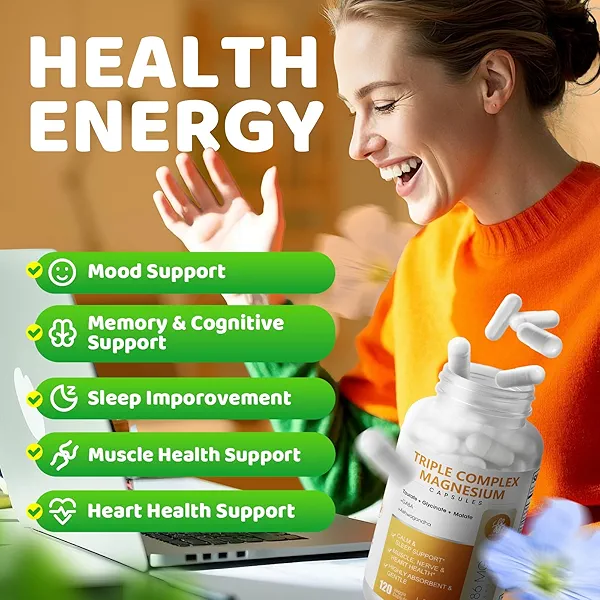Triple Magnesium Complex - Magnesium Glycinate, Taurate & Malate Supplement with Omega3, Ashwagandha, GABA for Sleep, Brain Heart & Muscle Support - High Absorption and Gentle, Vegan, 120 Capsules