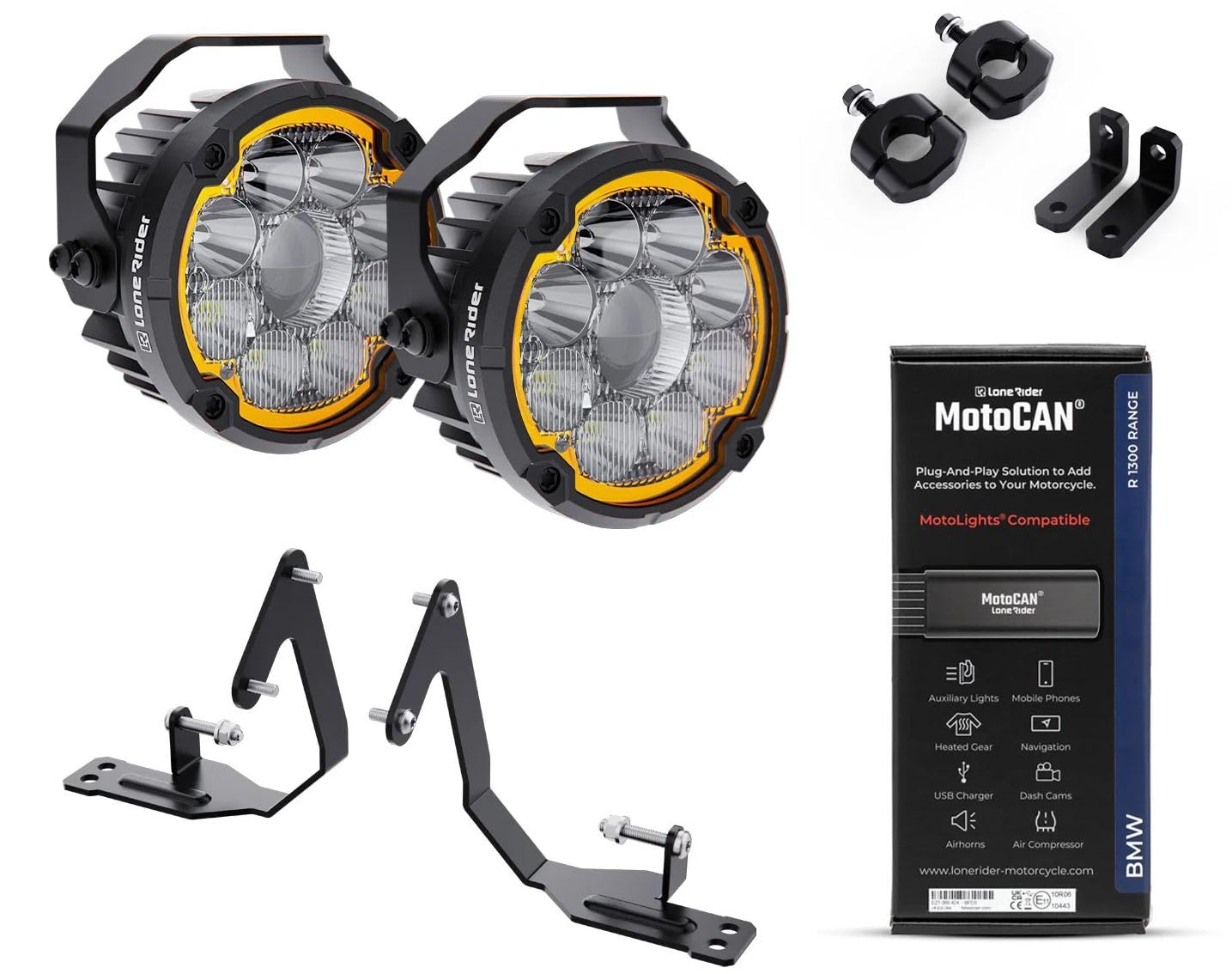 Lone Rider Feux Additionnels LED Moto pour BMW R1300GS | Phares additionnels LED étanches, feux de jour, 23 200 lumens, faisceau 6-en-1. MotoCAN & support sous-bec inclus.