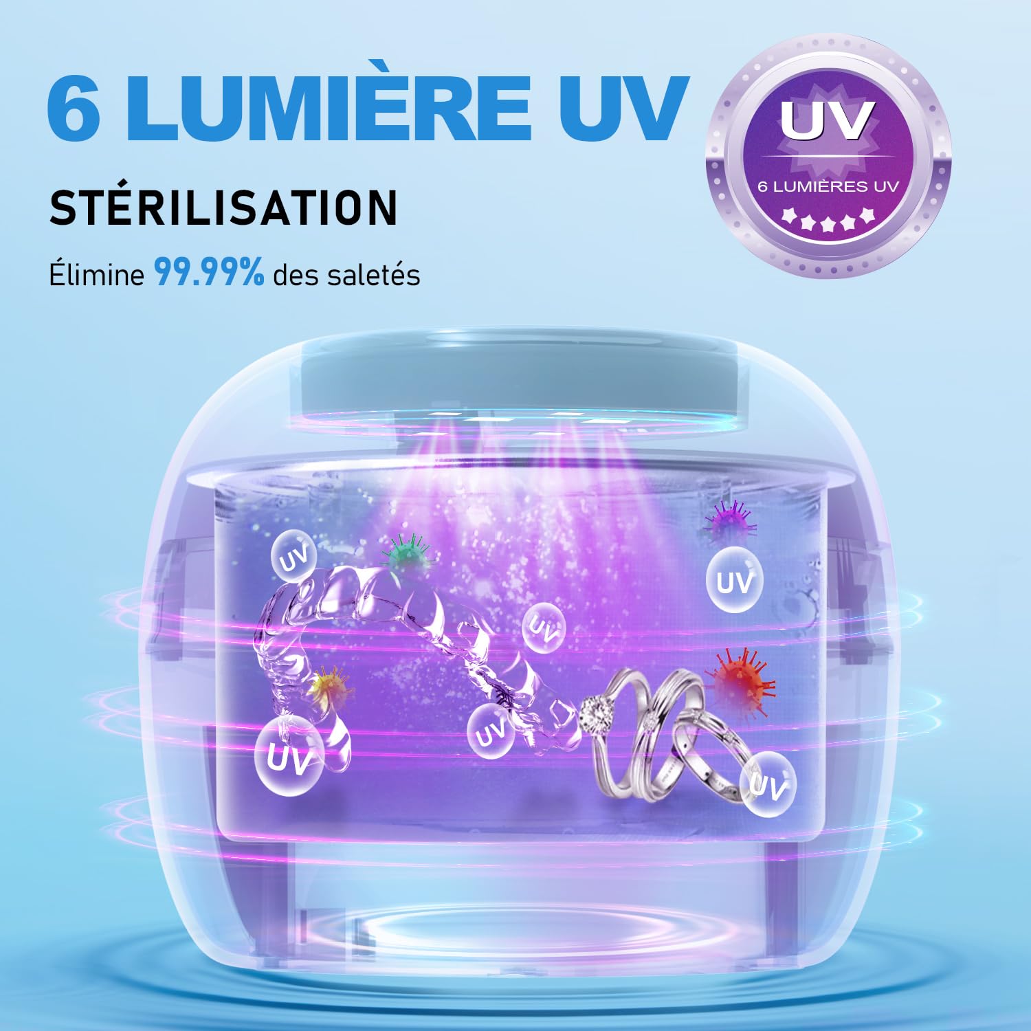 Nettoyeur Ultrasons 50000Hz 250ML Ultrasonic Cleaner avec 6 UV Lampe pour Prothèses Dentaires