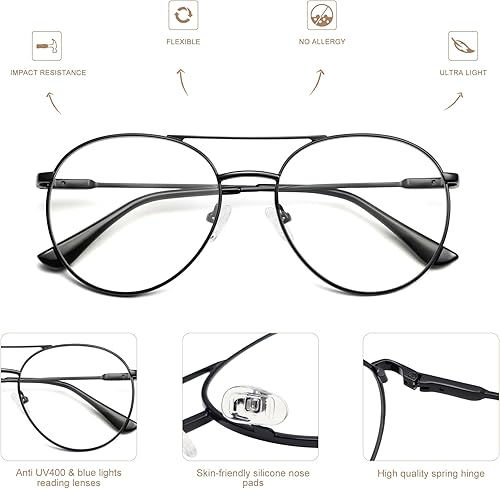 Miniatura 4 de AMOMOMA Anteojos de lectura redondos estilo aviador retro para mujer, bloqueo de luz azul, para lectura de computadora, marco de metal retro AM6117