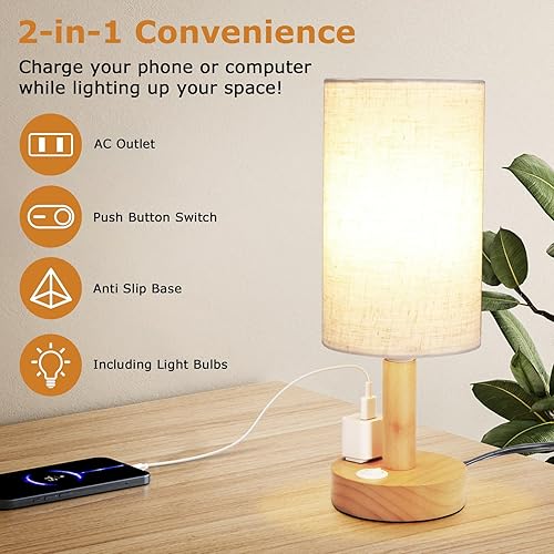 Miniatura 5 de Lámpara de mesita de noche pequeña con salida de CA, base de madera natural y pantalla de lino, mini bonita y acogedora mesita de noche blanca