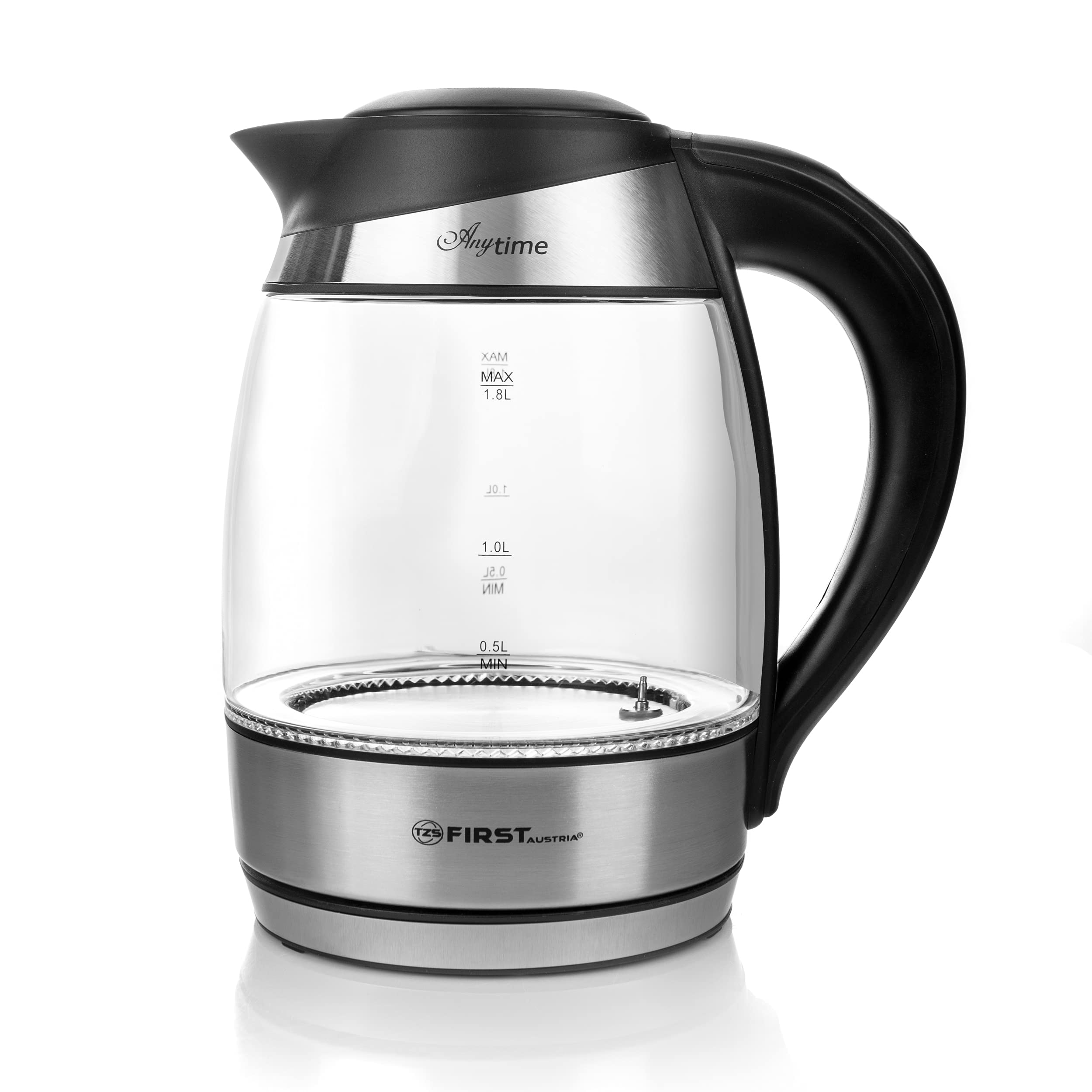 TZS First Austria Edelstahl Glaswasserkocher mit Teefilter 1,8L, 2200W, Temperatureinstellung 40 Grad, Wasserkocher, Farbwechsel, LED Beleuchtung-Farbe je nach Temperaturwahl, schwarz