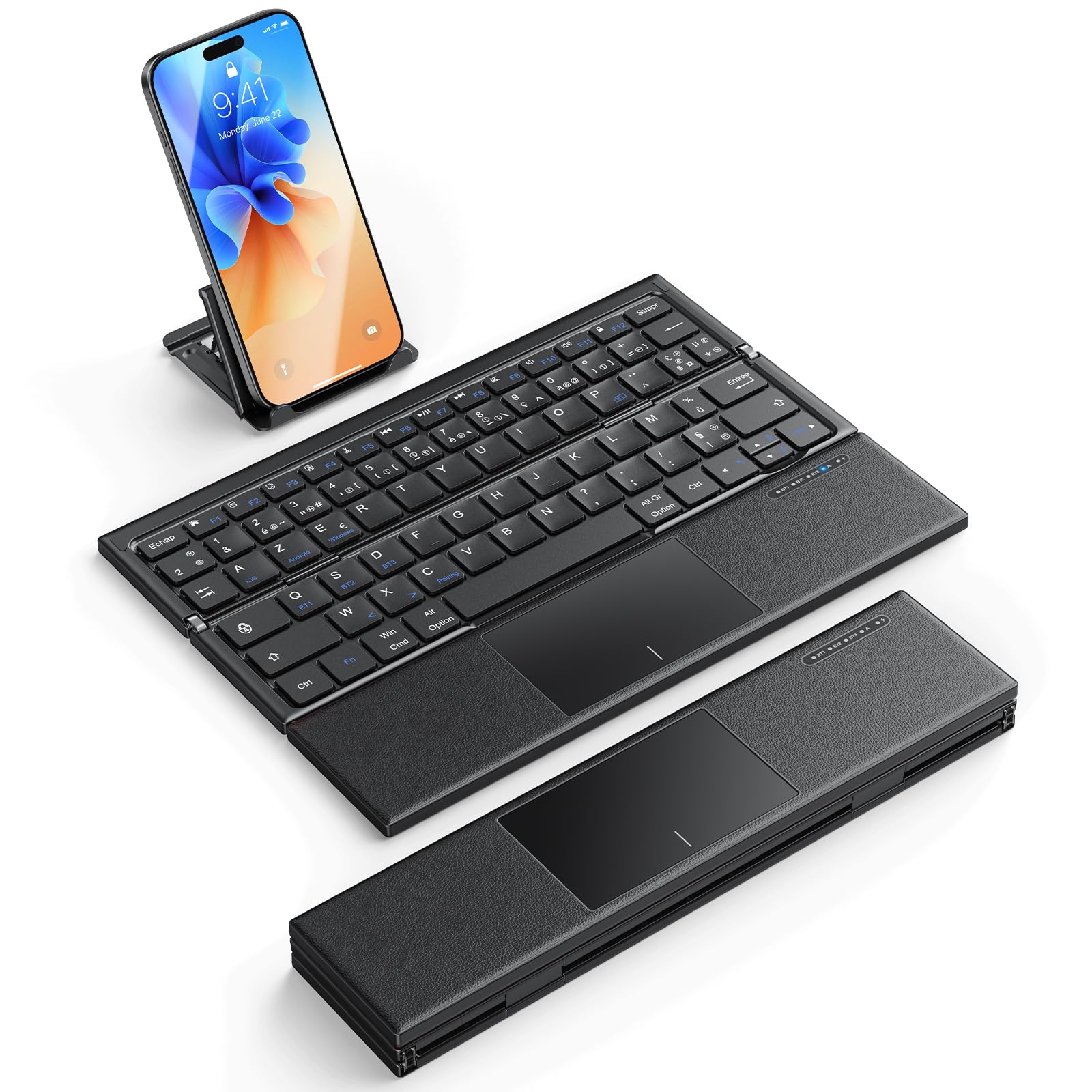 OMOTON Kabellose Tastatur, AZERTY, faltbar, Bluetooth, mit Touchpad, Schwarz | Multi-Geräte, 3 Bluetooth-Geräte, leise Mini-Tastatur, kompatibel mit Android Windows iOS Telefon Tablet iPad
