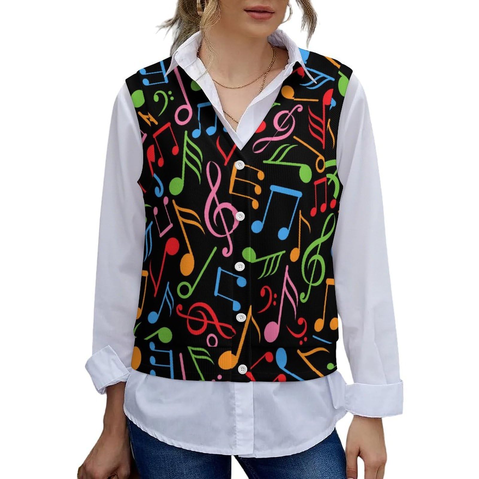 Musical Notes Sweater Vest Womans Sleeveless Knitted Vest Fashion Cropped Button V Neck Cardigan Vests Loose Top