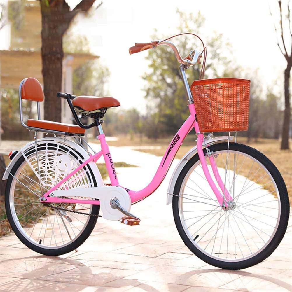 Basket Retro Bike Pink Goldgod Urban Commuter Bike 24 Inch Retro Bicycle  Single Speed