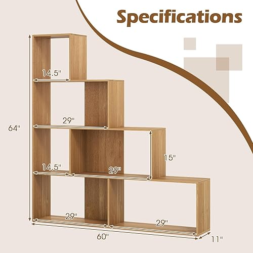 Miniatura 3 de Tangkula Estantería de 6 cubos, estantería independiente de 6 cubos escalonados Etagere en forma de L, estantería abierta de madera para sala de