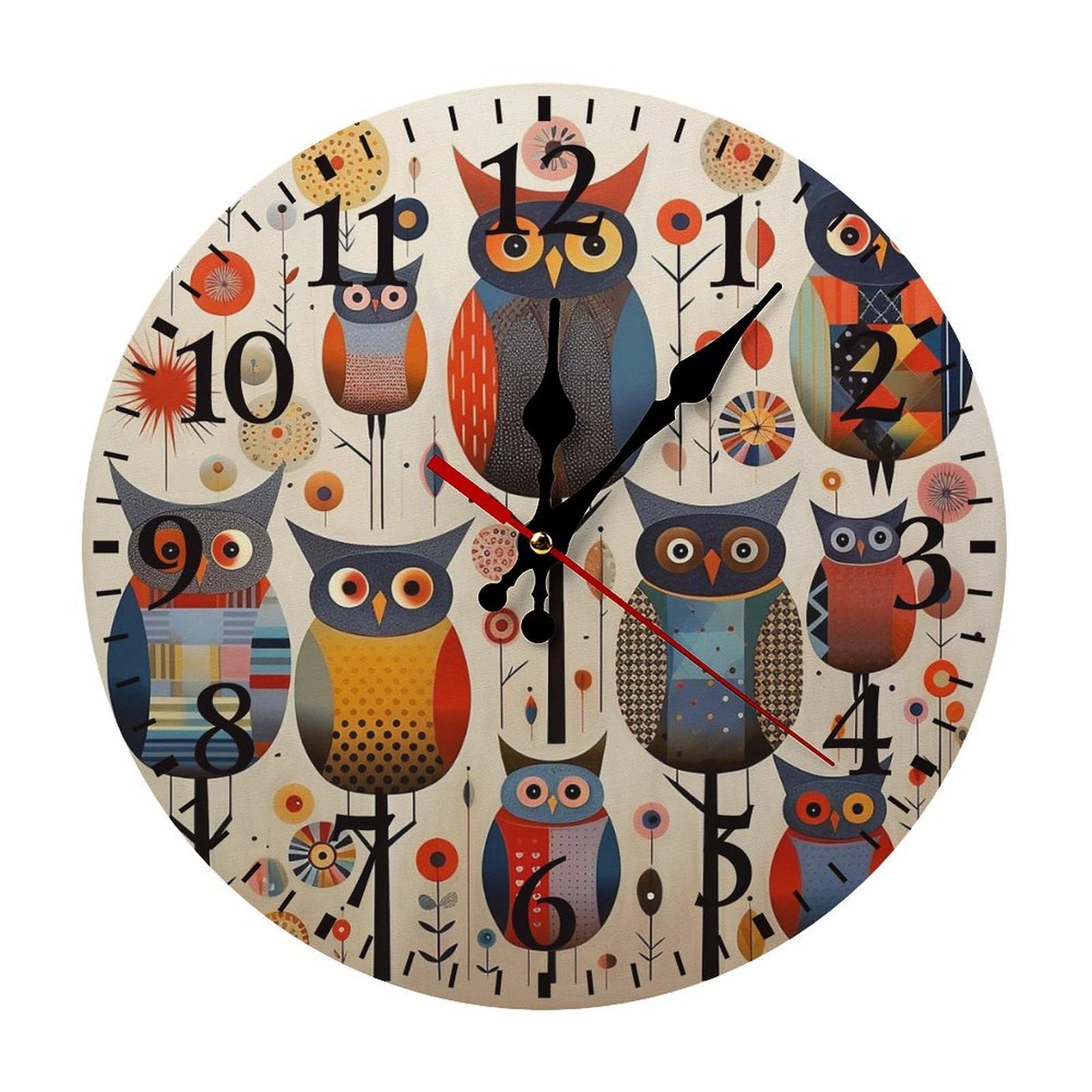NTVOWPZO 10 Inch Wall Clock Patchwork Owl Battery Operated Wall Clocks Silent Non-Ticking Round Wall Clock for Living Room Kitchen Home Office Wall Decorative Clock