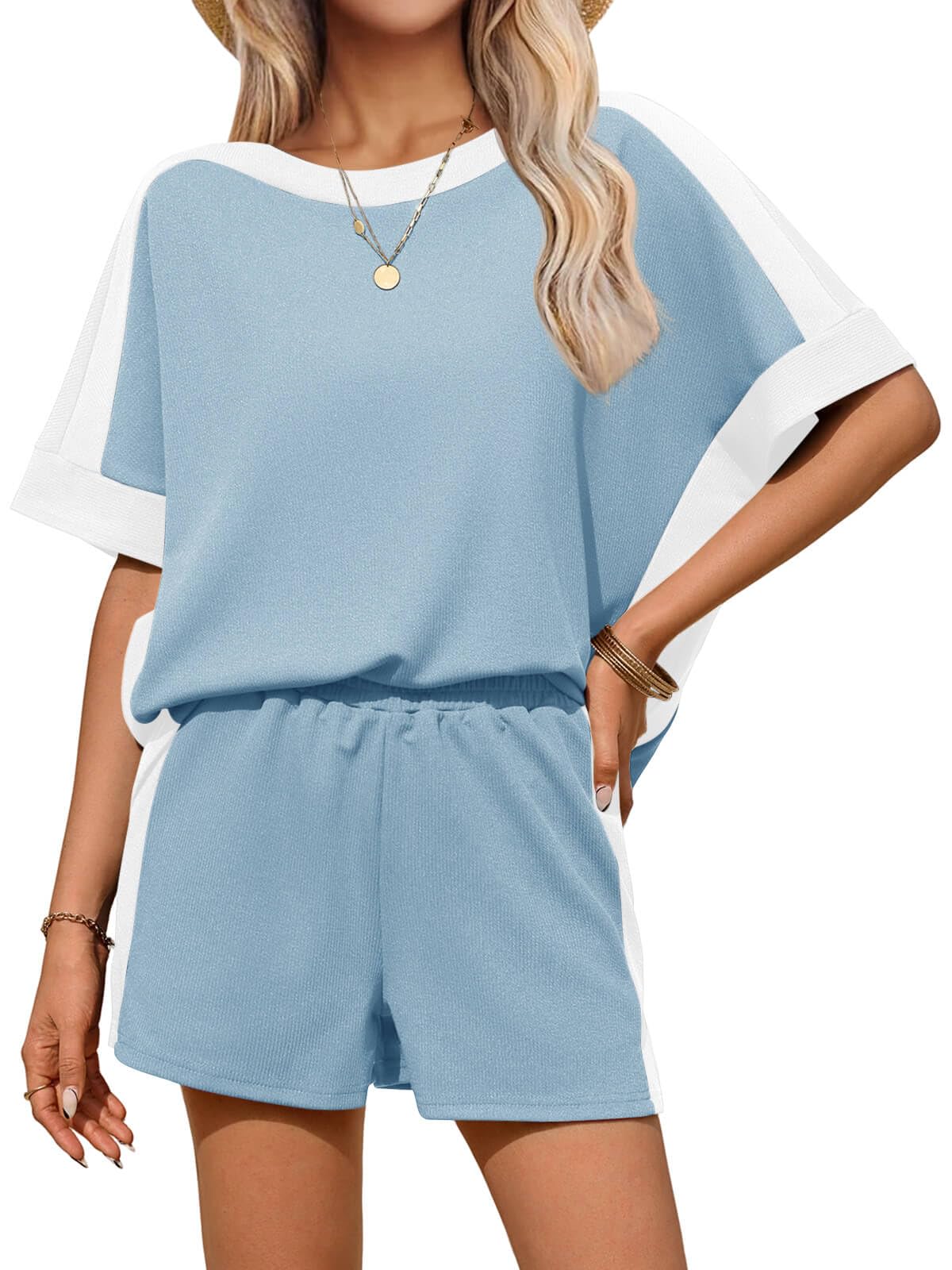 Tankaneo Tenue d'été 2 pièces pour femme, haut à manches courtes et short assortis, ensemble de détente aux couleurs contrastées