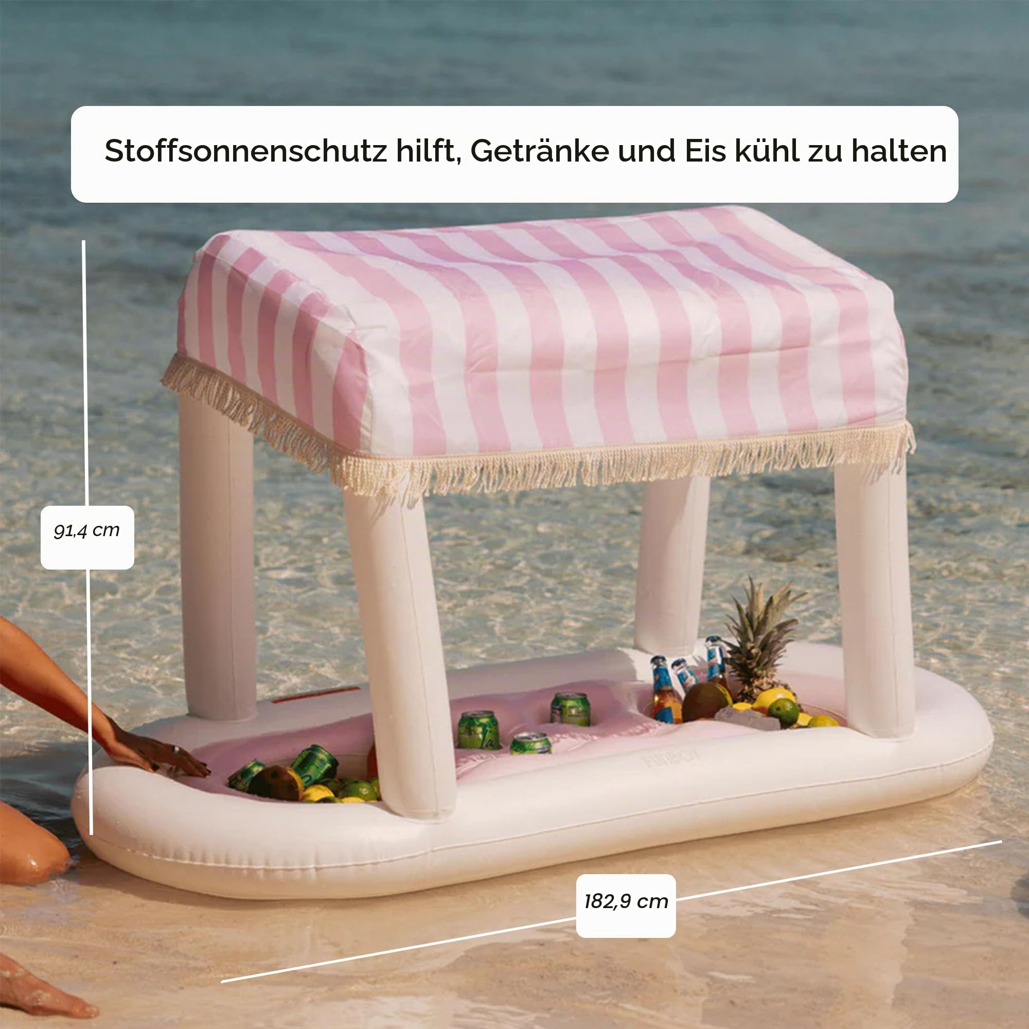 FUNBOY Riesige schwimmende hellblaue Cabana-Streifen-Getränkestation, abnehmbarer Stoffschirm mit Fransen, perfekt für Partys, Tischdekorationen und Erfrischungen im Pool